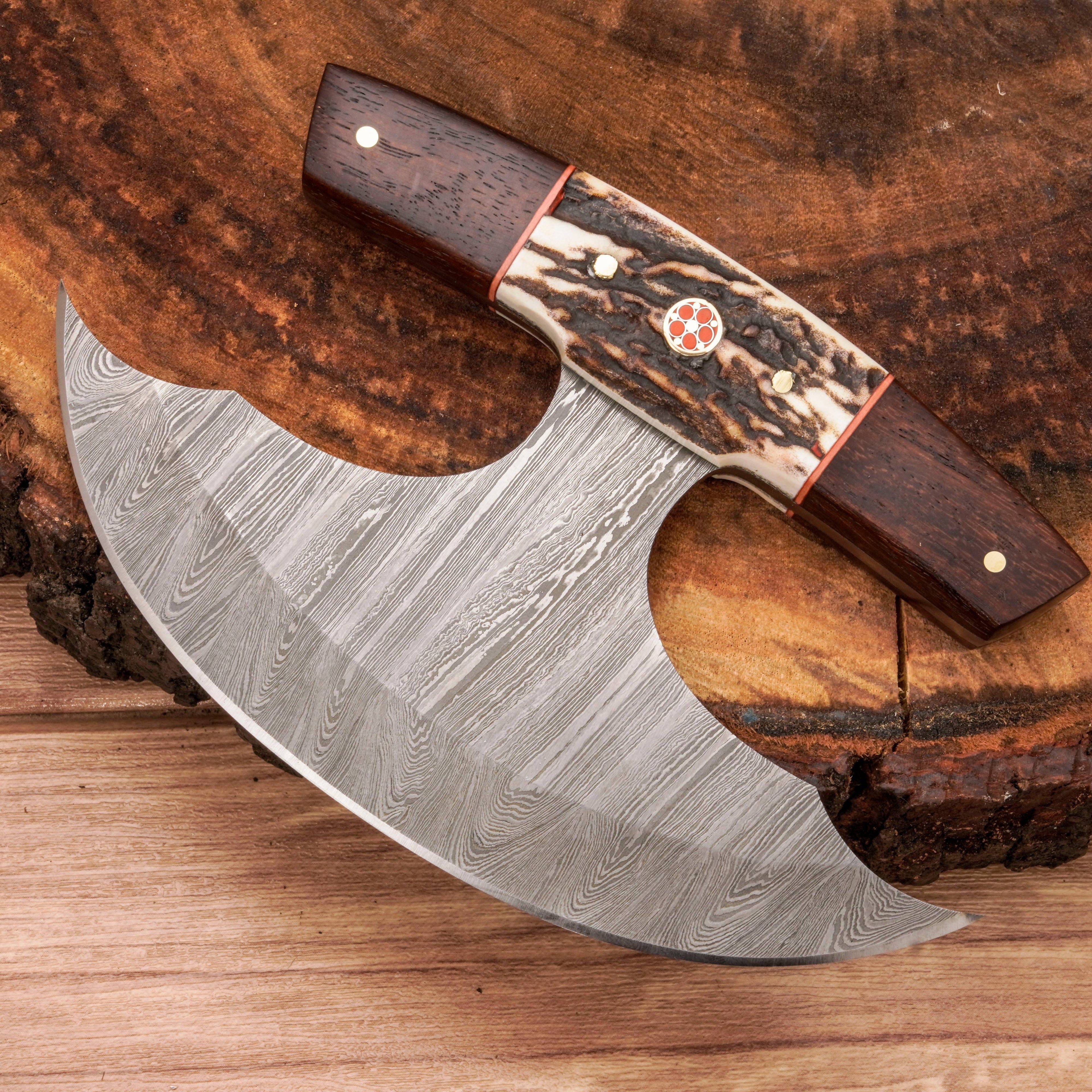 Handmade Forged Damascus Ulu Knife - Stag horn Handle | Alaskan Knife