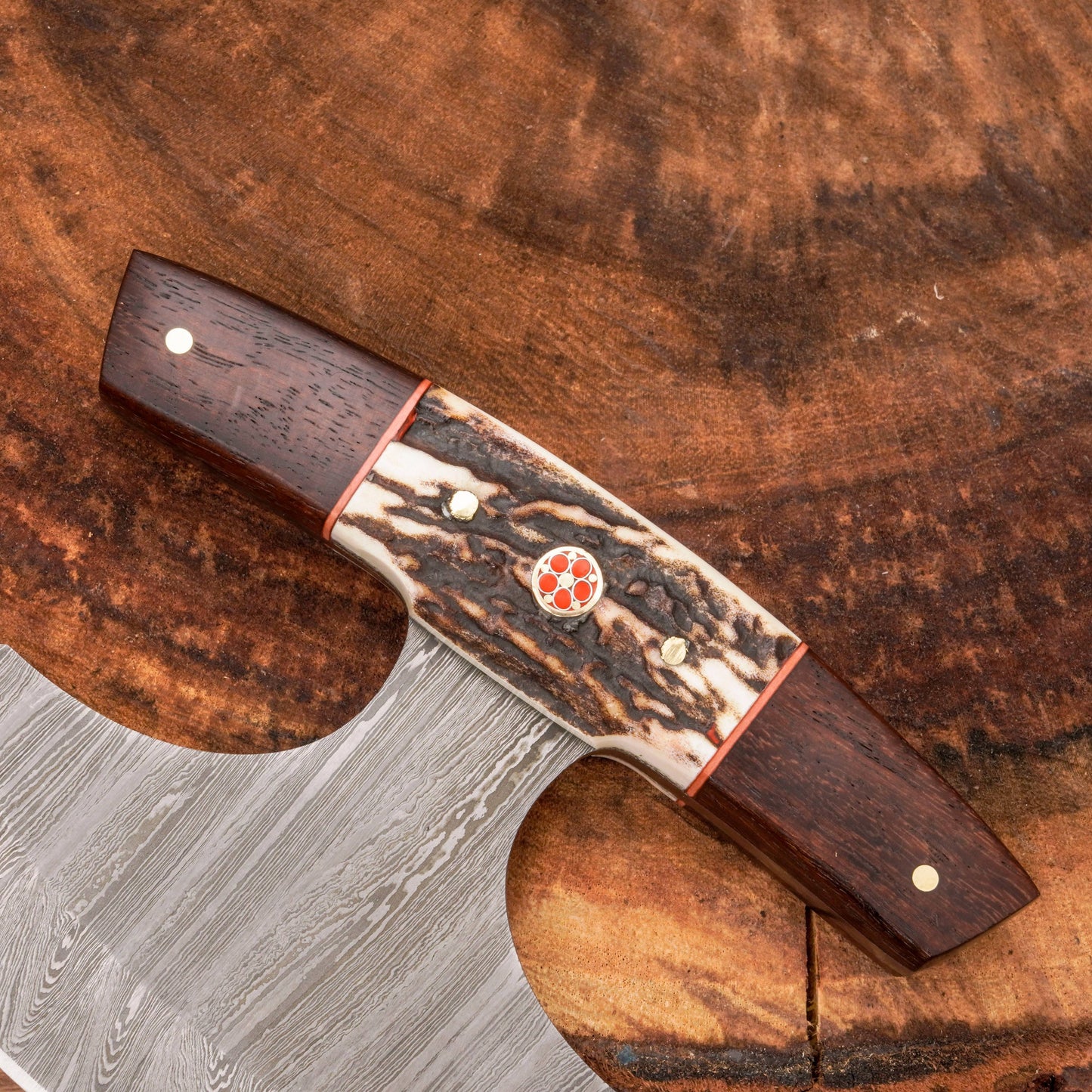 Handmade Forged Damascus Ulu Knife - Stag horn Handle | Alaskan Knife