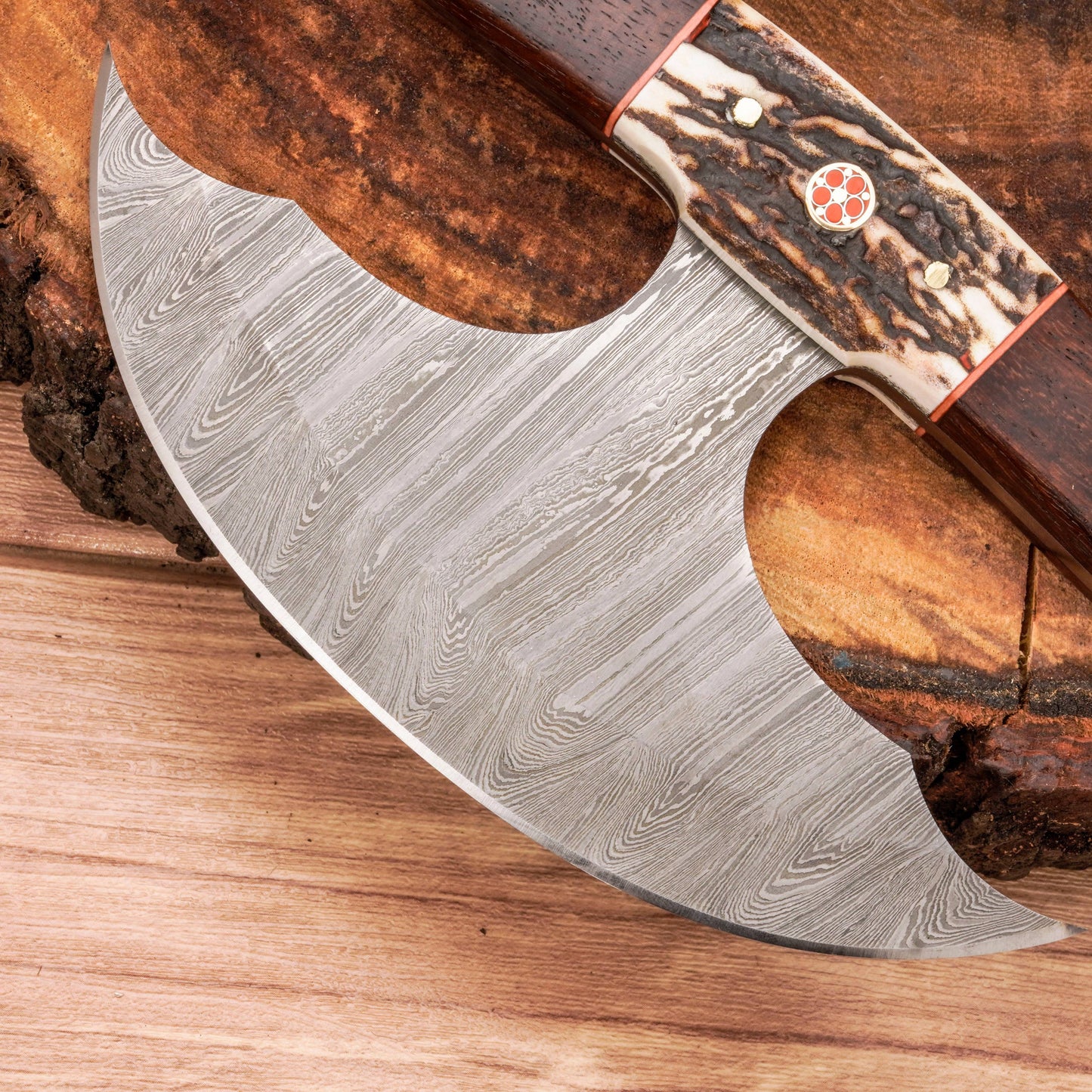 Handmade Forged Damascus Ulu Knife - Stag horn Handle | Alaskan Knife