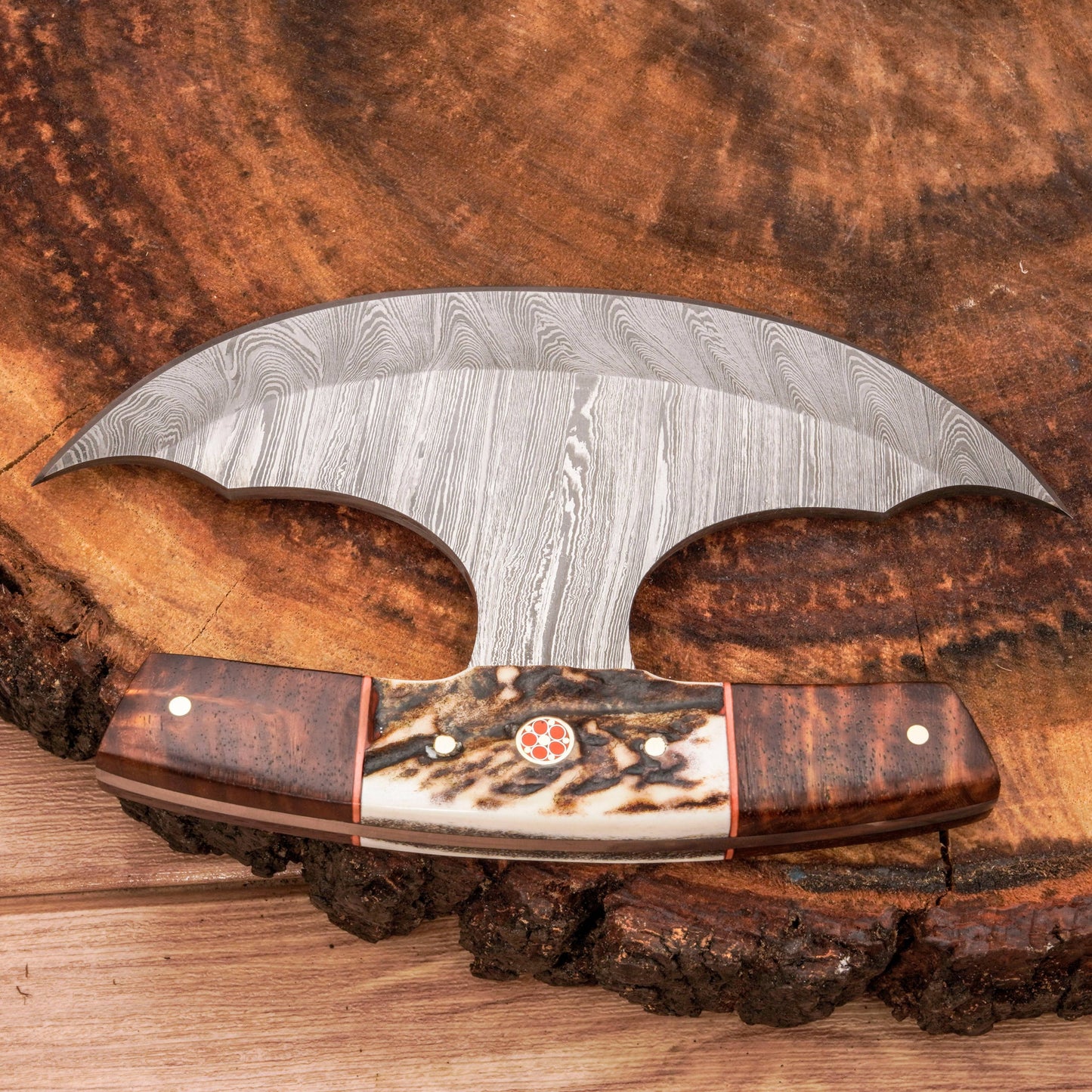Handmade Forged Damascus Ulu Knife - Stag horn Handle | Alaskan Knife