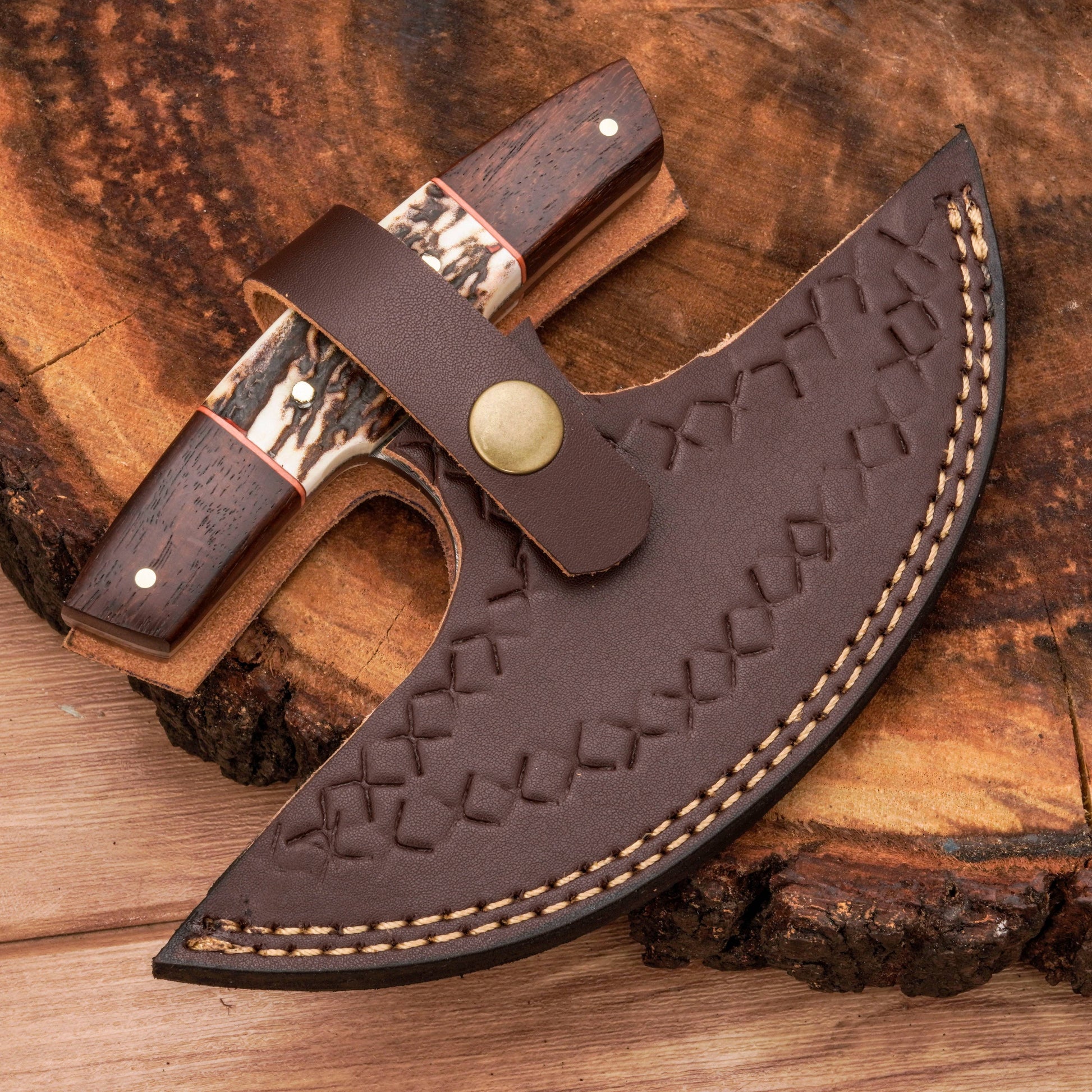 Handmade Forged Damascus Ulu Knife - Stag horn Handle | Alaskan Knife