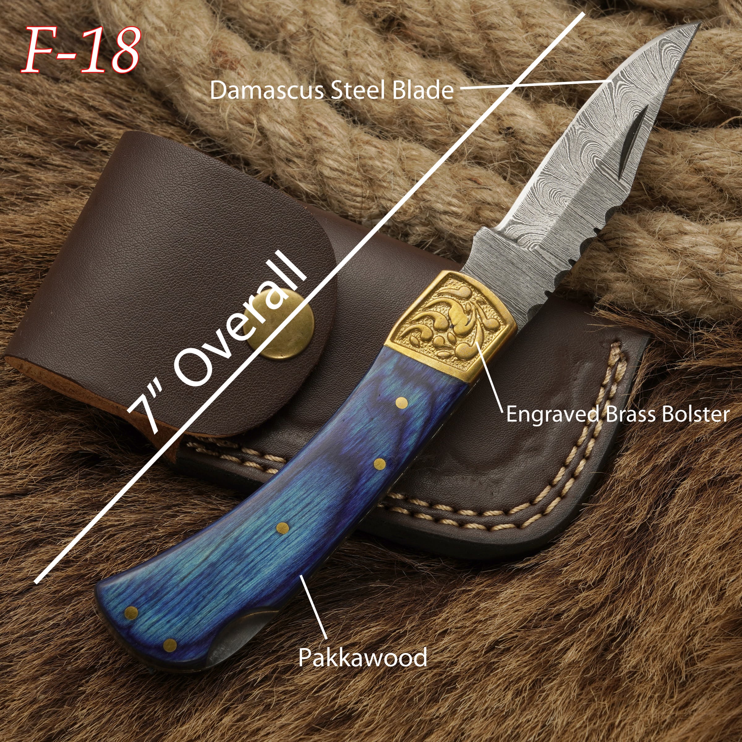 7” Custom Handmade Damascus Steel Pocket Knife-Engraved Brass Bolster Folding Knife With Pakkawood Handle
