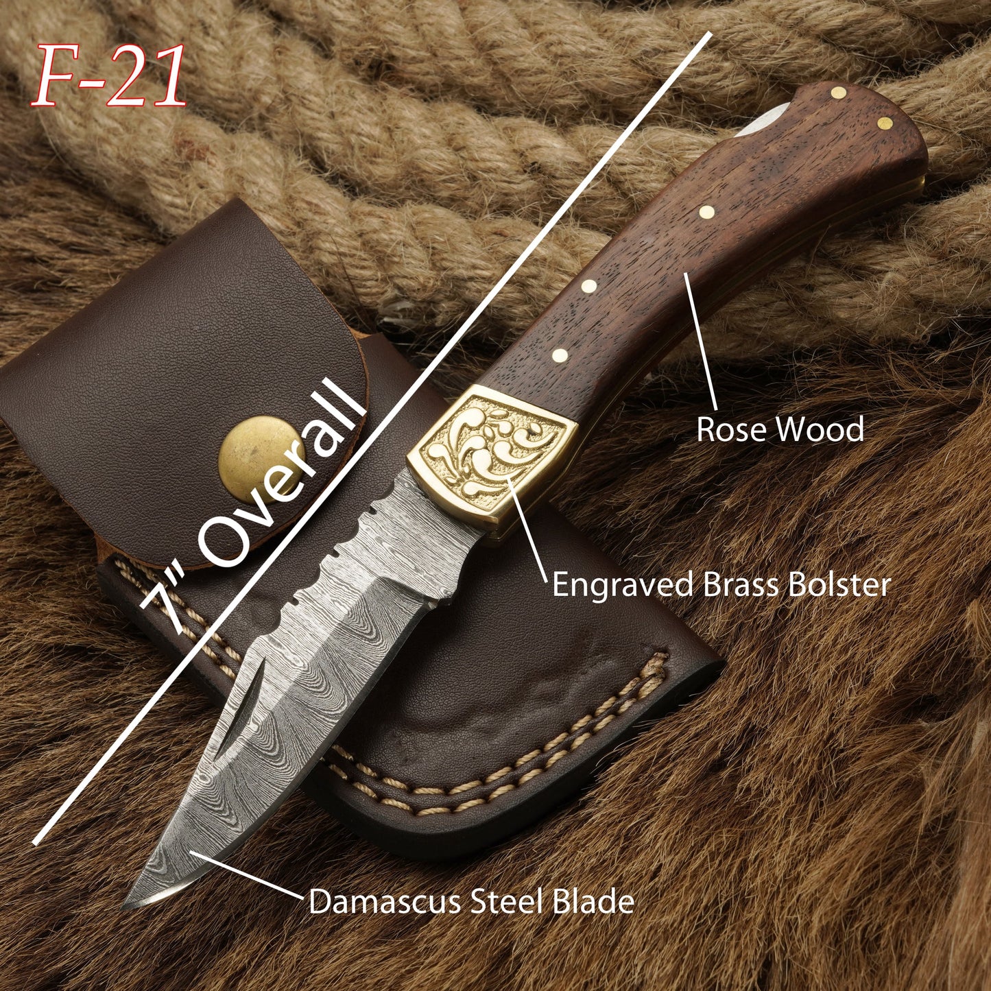 7” Handmade Damascus Steel Pocket Knife-Engraved Brass Bolster Folding Knife With Rosewood Handle