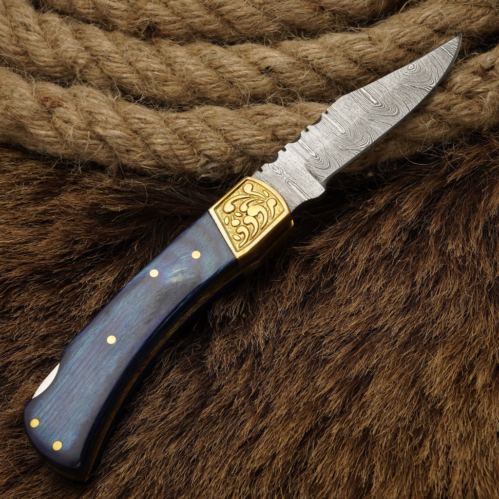 7” Custom Handmade Damascus Steel Pocket Knife-Engraved Brass Bolster Folding Knife With Pakkawood Handle