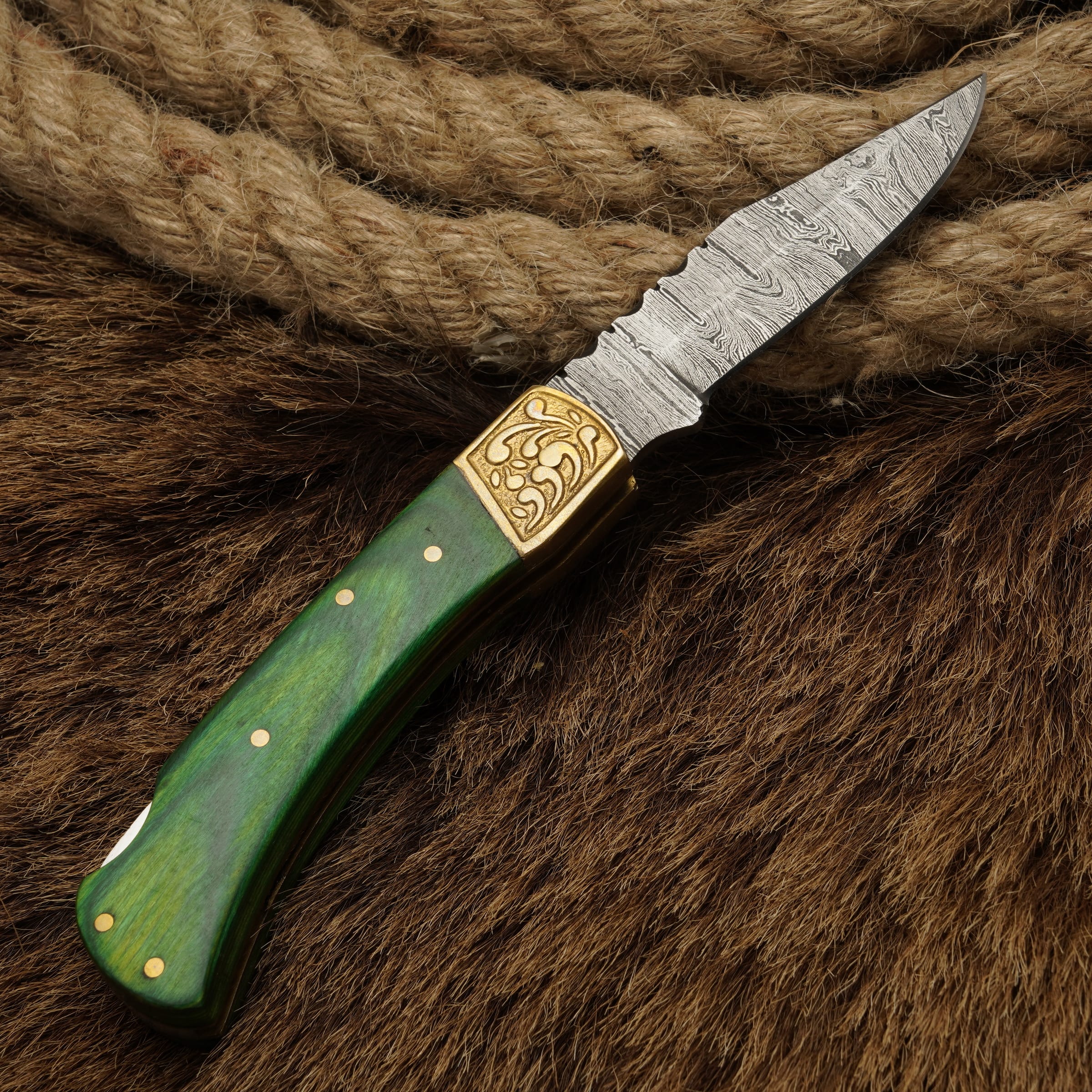 Handcraft Damascus Steel Pocket Knife-Engraved Brass Bolster Folding Knife With Pakkawood Handle