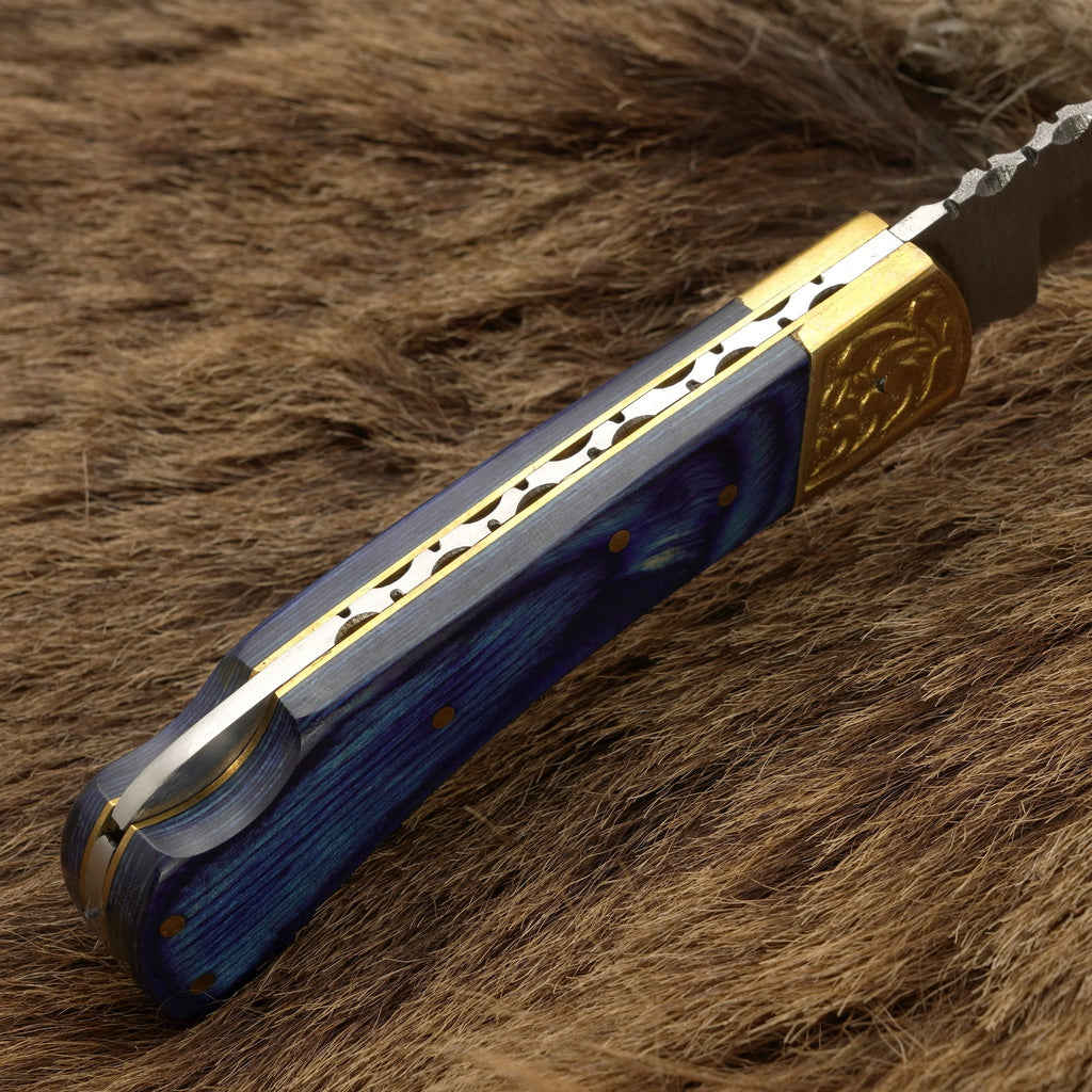 7” Custom Handmade Damascus Steel Pocket Knife-Engraved Brass Bolster Folding Knife With Pakkawood Handle