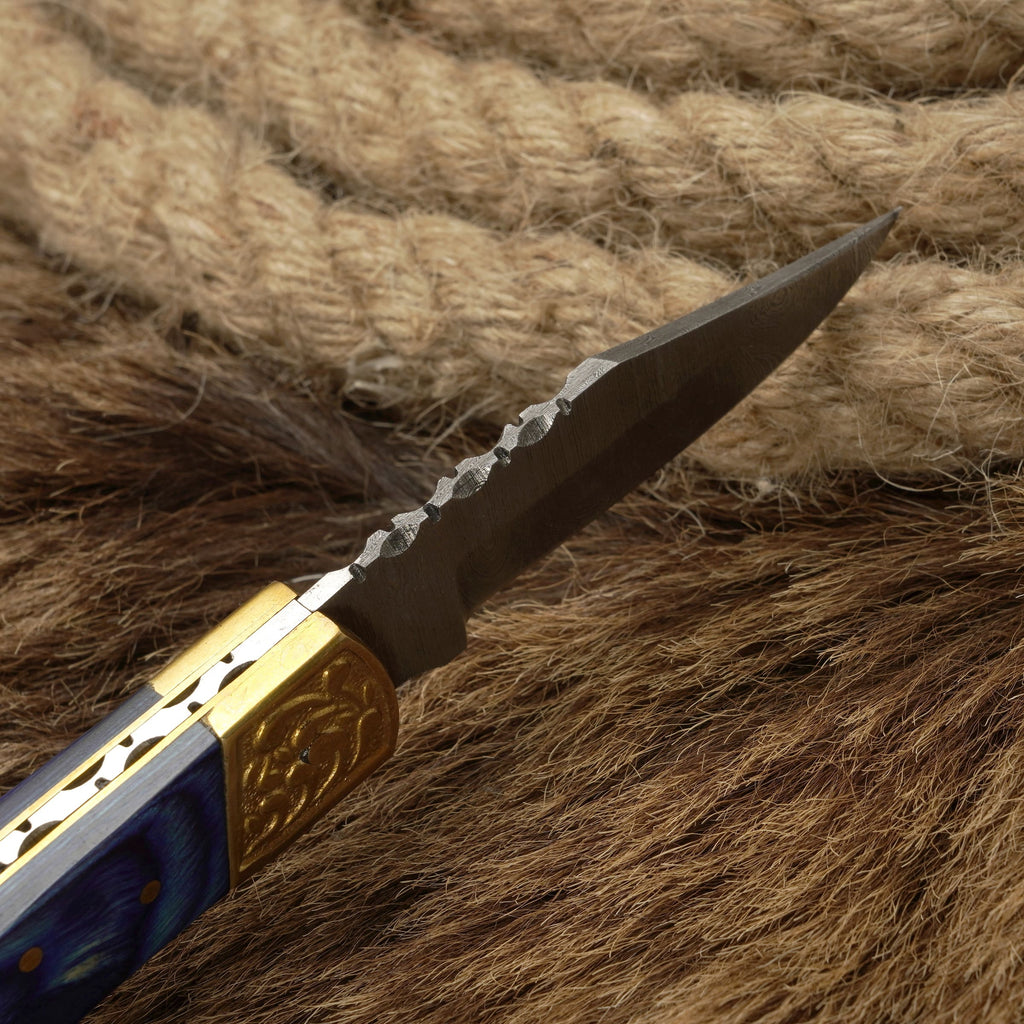 7” Custom Handmade Damascus Steel Pocket Knife-Engraved Brass Bolster Folding Knife With Pakkawood Handle