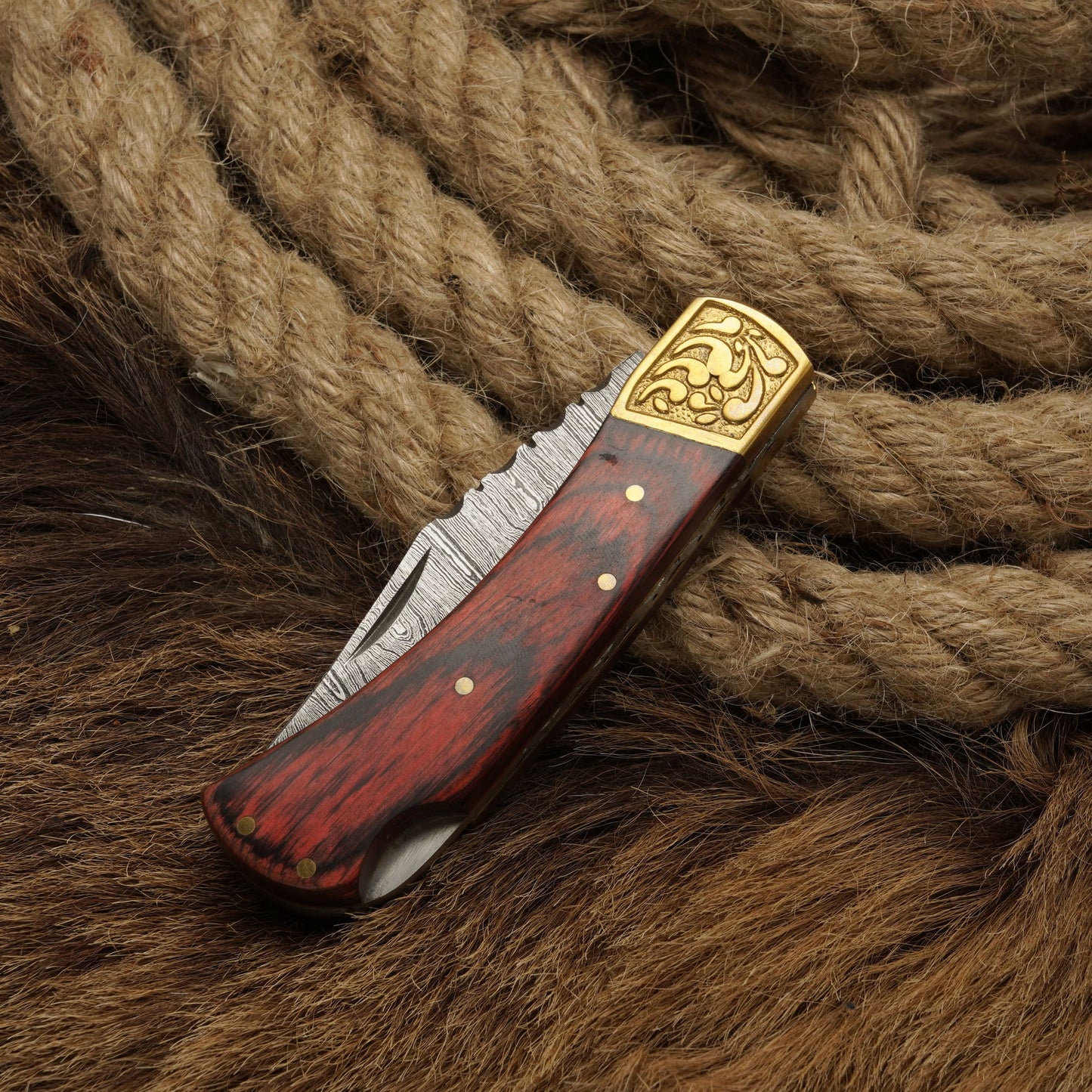 Handcraft Damascus Steel Pocket Knife-Engraved Brass Bolster Folding Knife With Pakkawood Handle