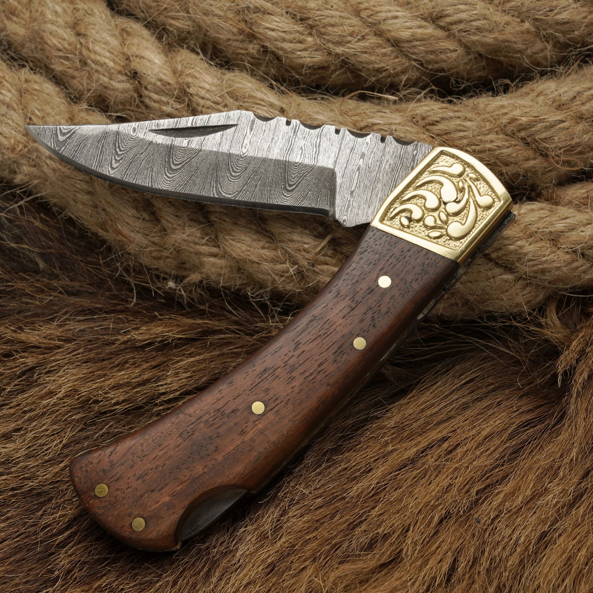 7” Handmade Damascus Steel Pocket Knife-Engraved Brass Bolster Folding Knife With Rosewood Handle