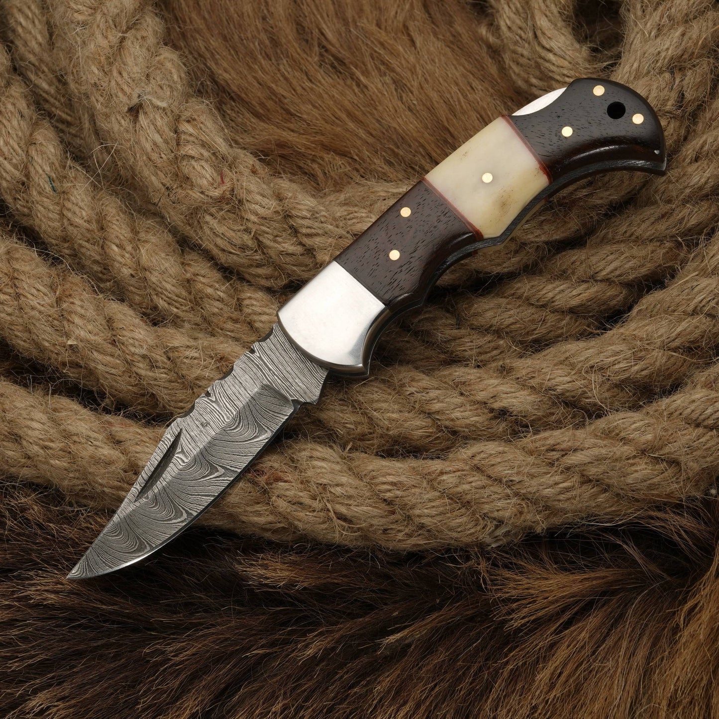 7" Custom Hand Forged Damascus Folding Pocket Knife With Bone Handle