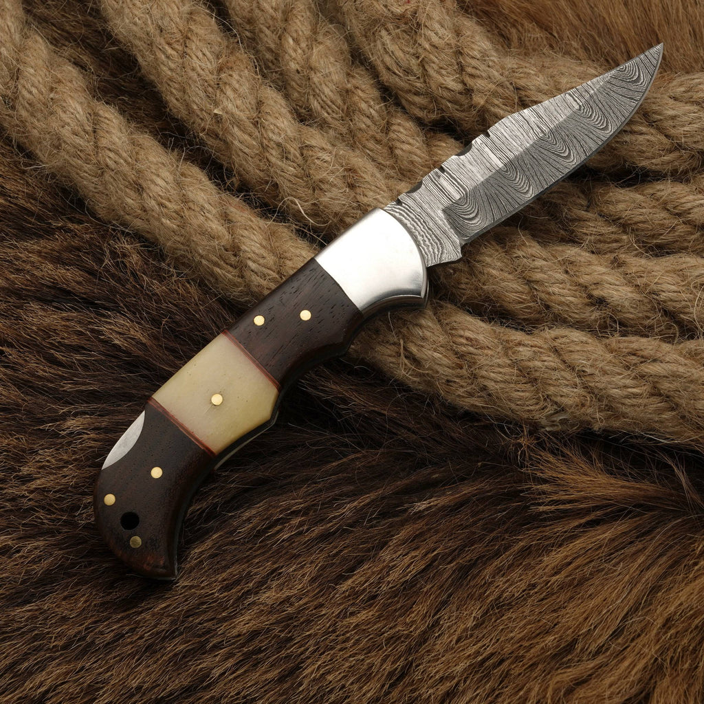 7" Custom Hand Forged Damascus Folding Pocket Knife With Bone Handle