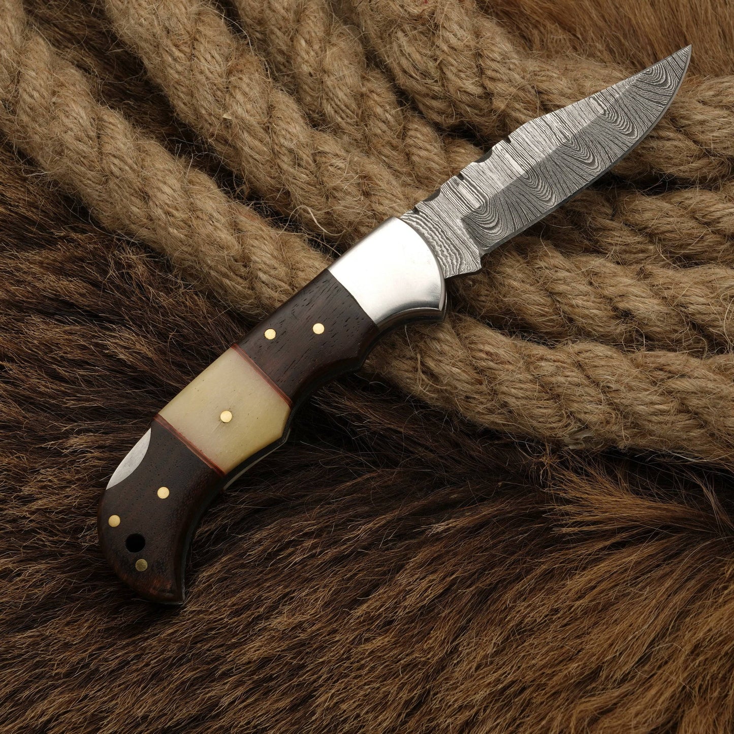 7" Custom Hand Forged Damascus Folding Pocket Knife With Bone Handle