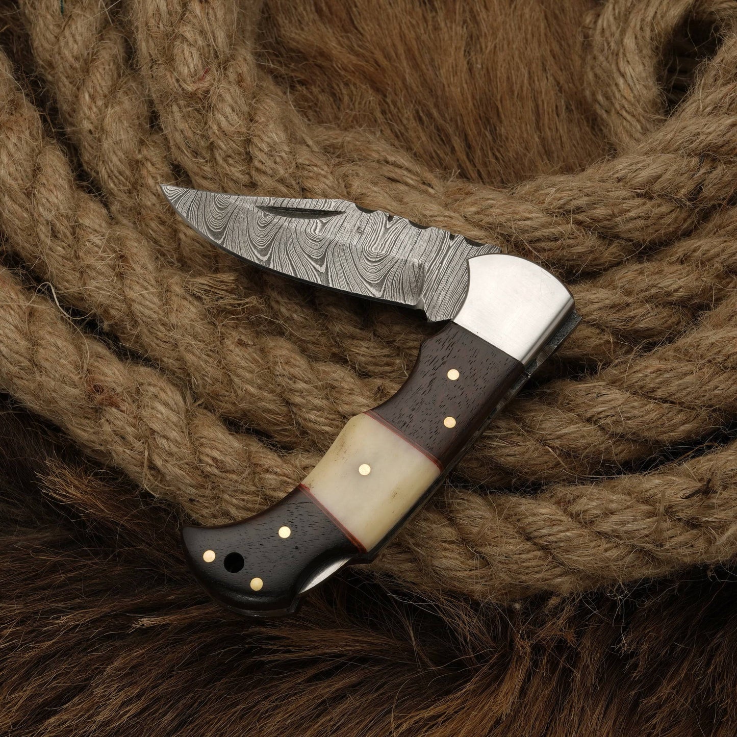 7" Custom Hand Forged Damascus Folding Pocket Knife With Bone Handle