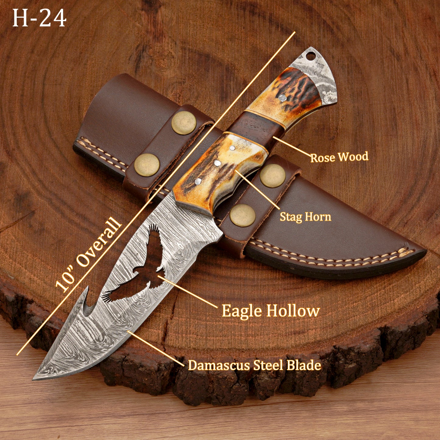 10" Custom Hand Forged Damascus Steel Gut Hook Skinner Knife - Full Tang