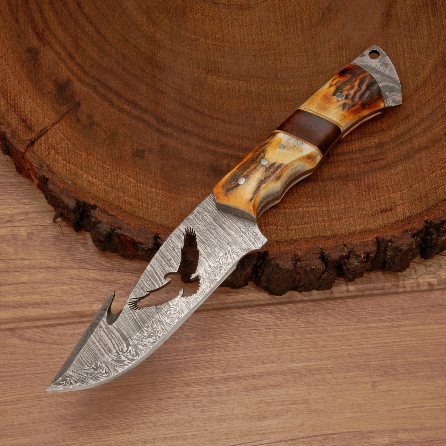 10" Custom Hand Forged Damascus Steel Gut Hook Skinner Knife - Full Tang