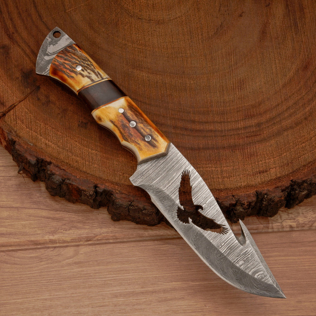 10" Custom Hand Forged Damascus Steel Gut Hook Skinner Knife - Full Tang