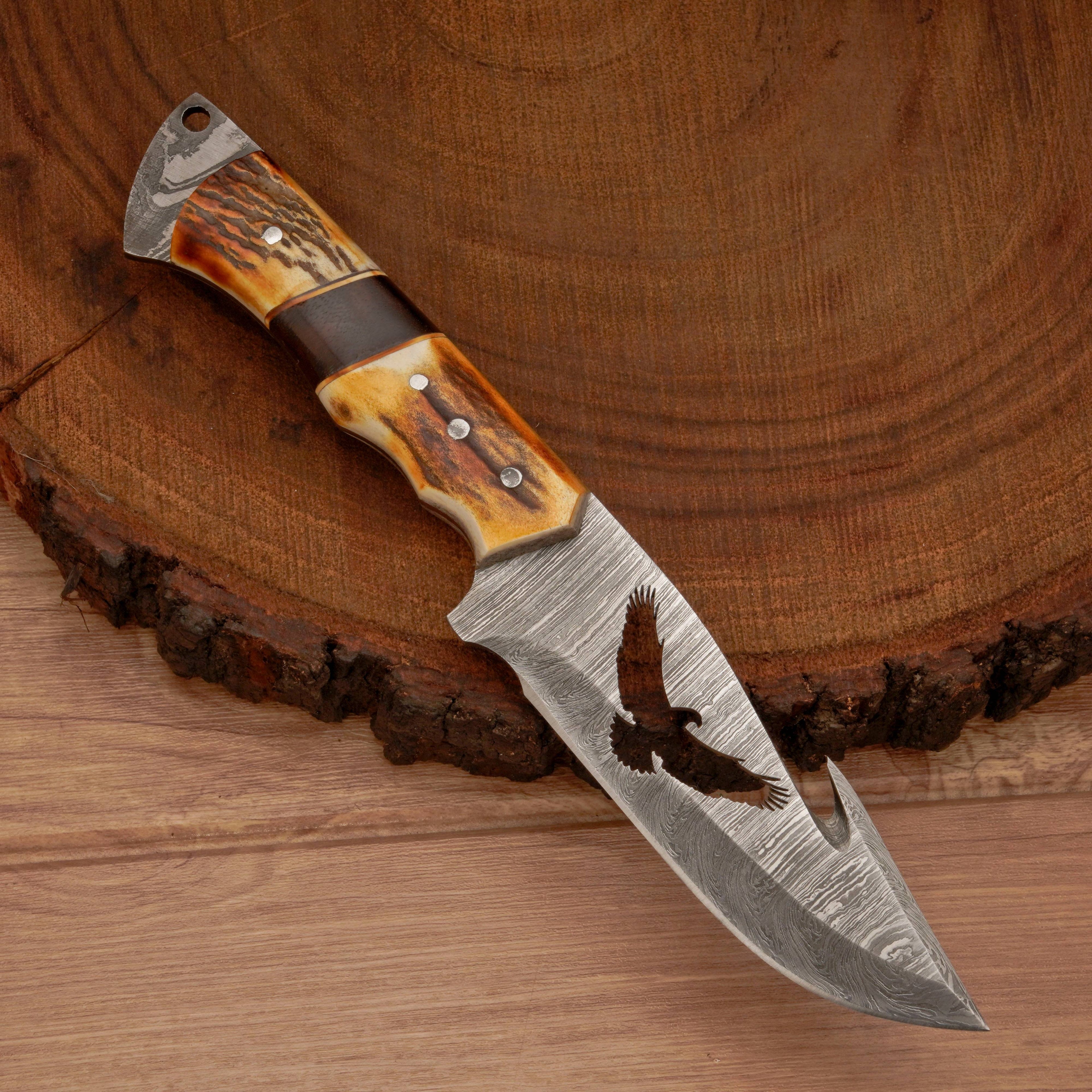10" Custom Hand Forged Damascus Steel Gut Hook Skinner Knife - Full Tang