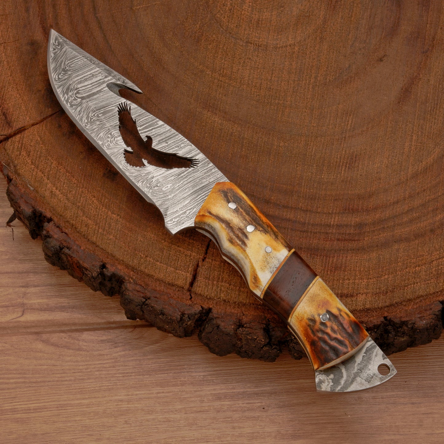 10" Custom Hand Forged Damascus Steel Gut Hook Skinner Knife - Full Tang