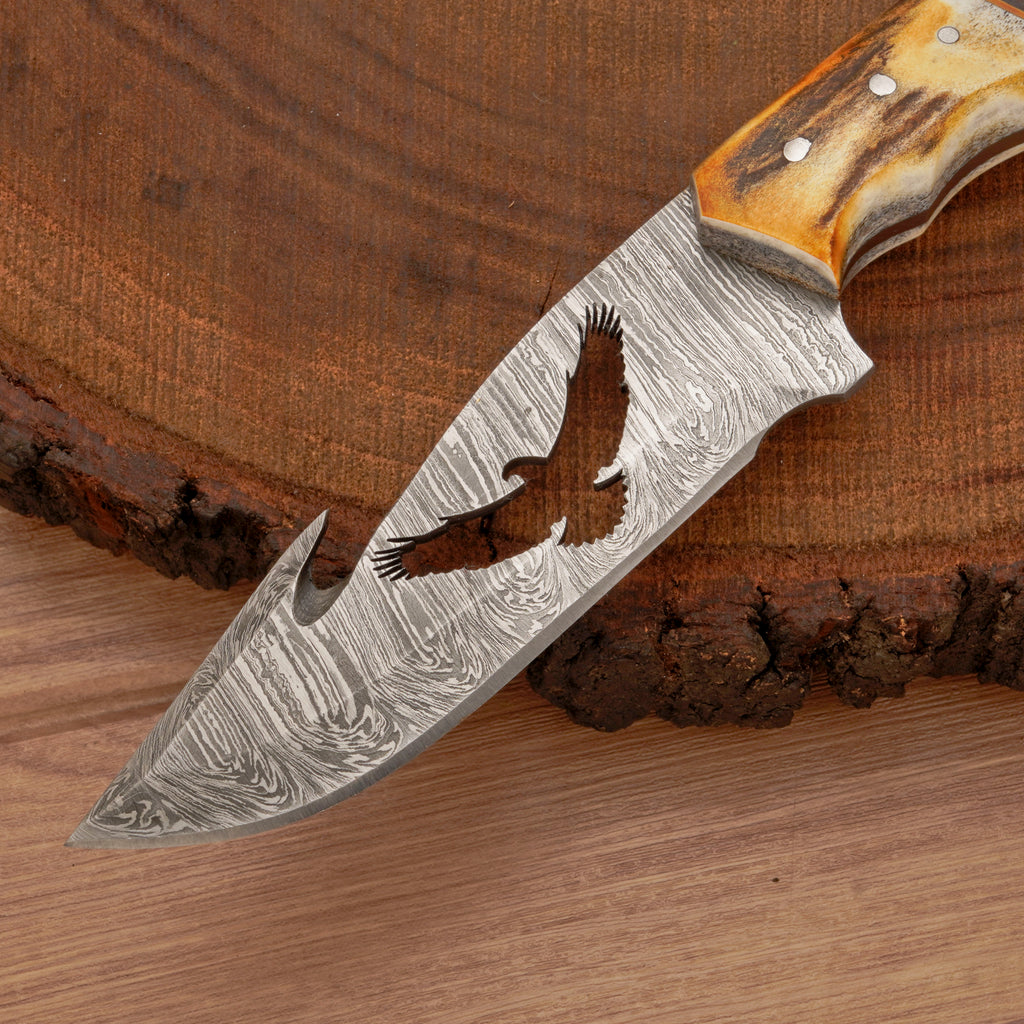 10" Custom Hand Forged Damascus Steel Gut Hook Skinner Knife - Full Tang