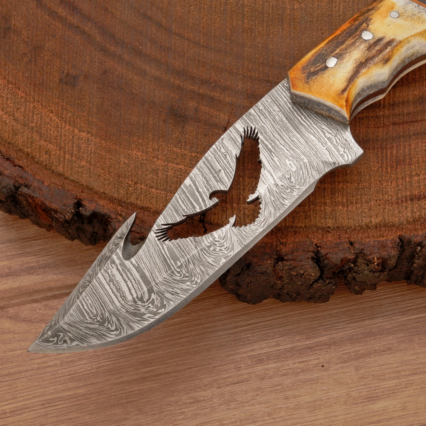 10" Custom Hand Forged Damascus Steel Gut Hook Skinner Knife - Full Tang