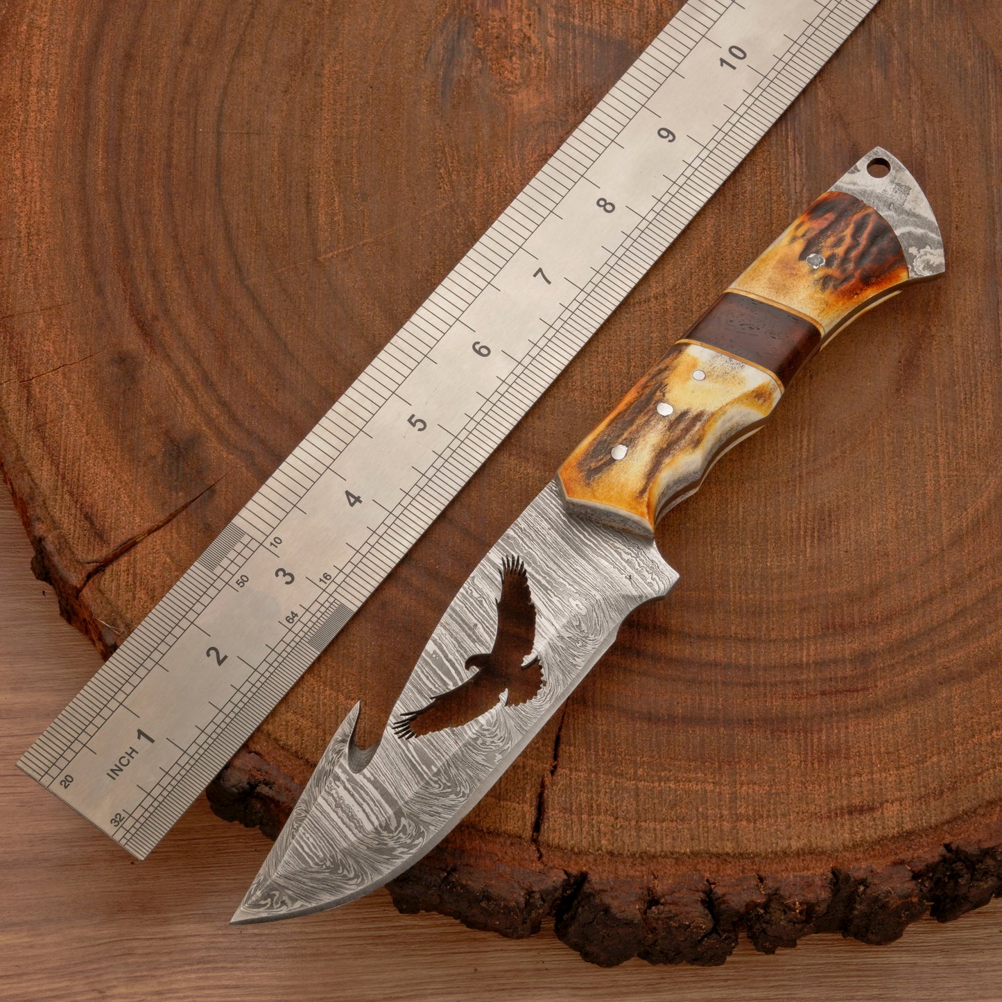 10" Custom Hand Forged Damascus Steel Gut Hook Skinner Knife - Full Tang