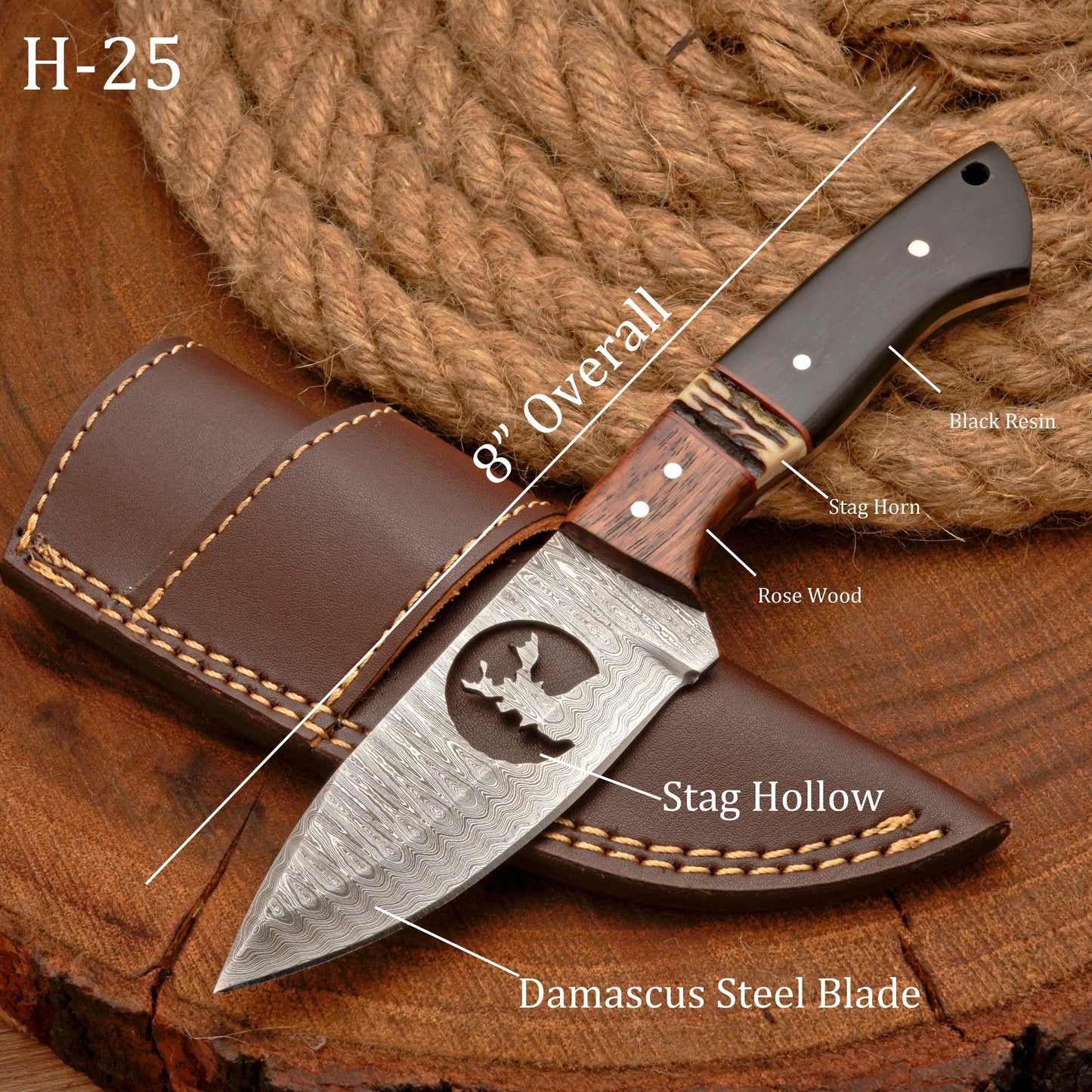 Full Tang Hand Forged Fixed Blade Damascus Steel Hunting Knife with Leather Sheath - Stag Antler handle