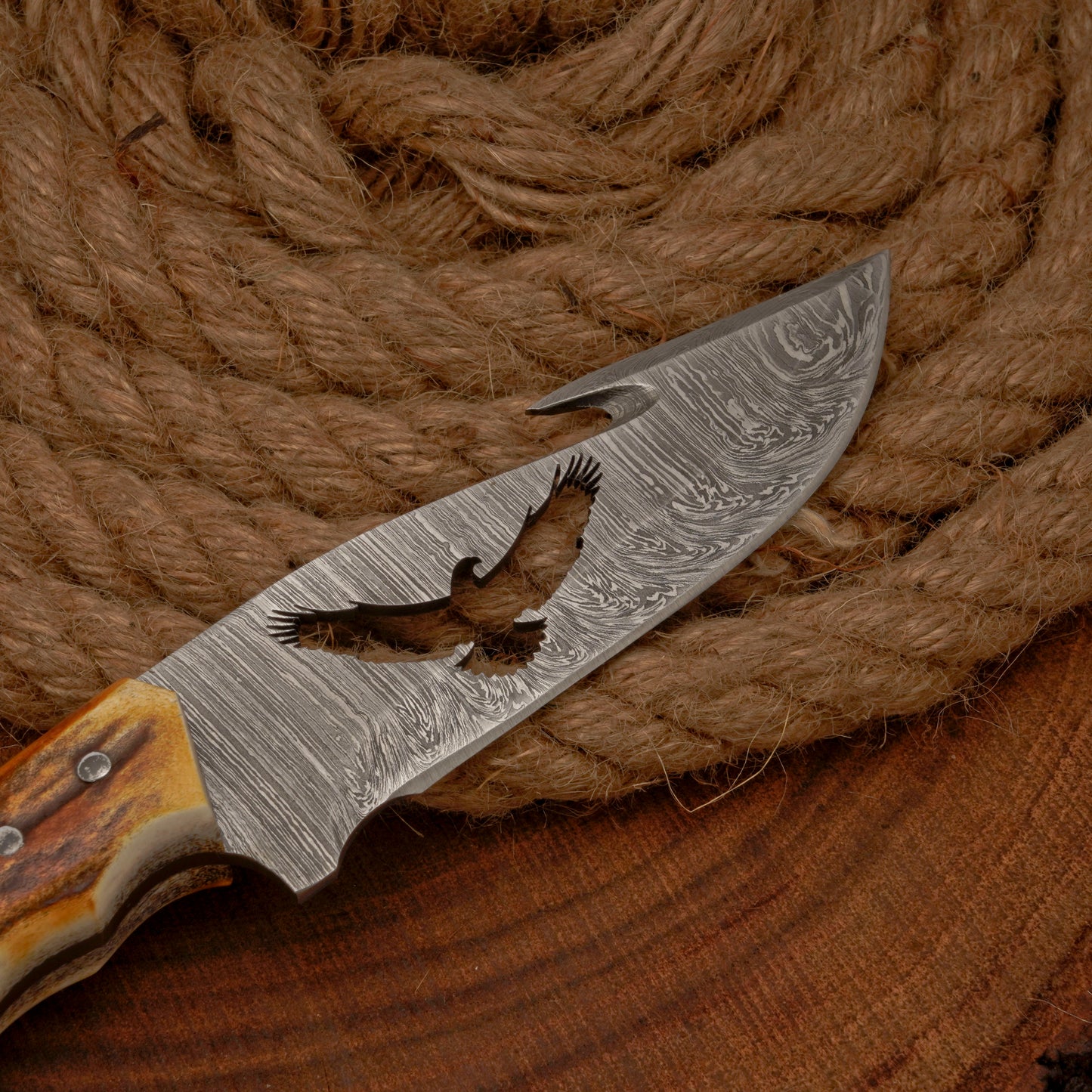 10" Custom Hand Forged Damascus Steel Gut Hook Skinner Knife - Full Tang