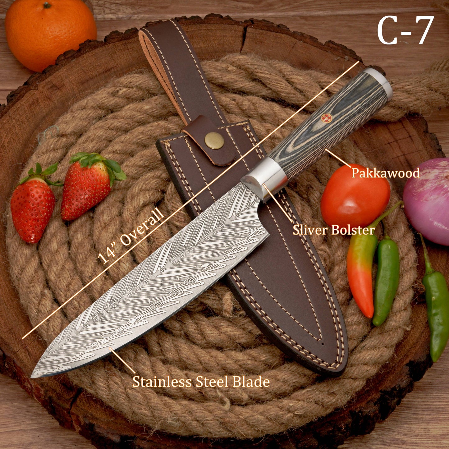 14" Handmade Forged D2 Stainless Steel Chef Knife - Kitchen Knife with Pakkawood Handle