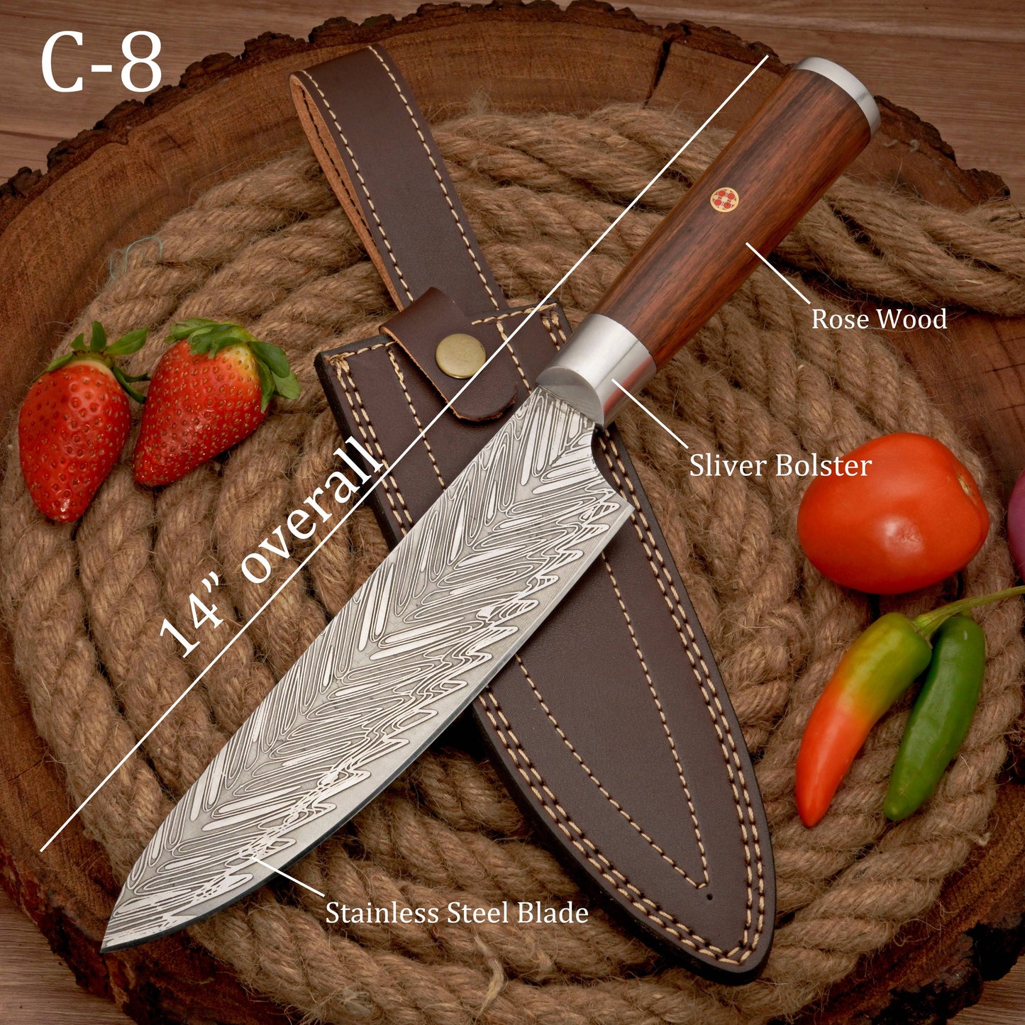 14" Handmade Forged D2 Stainless Steel Chef Knife - Kitchen Knife with Rosewood Handle