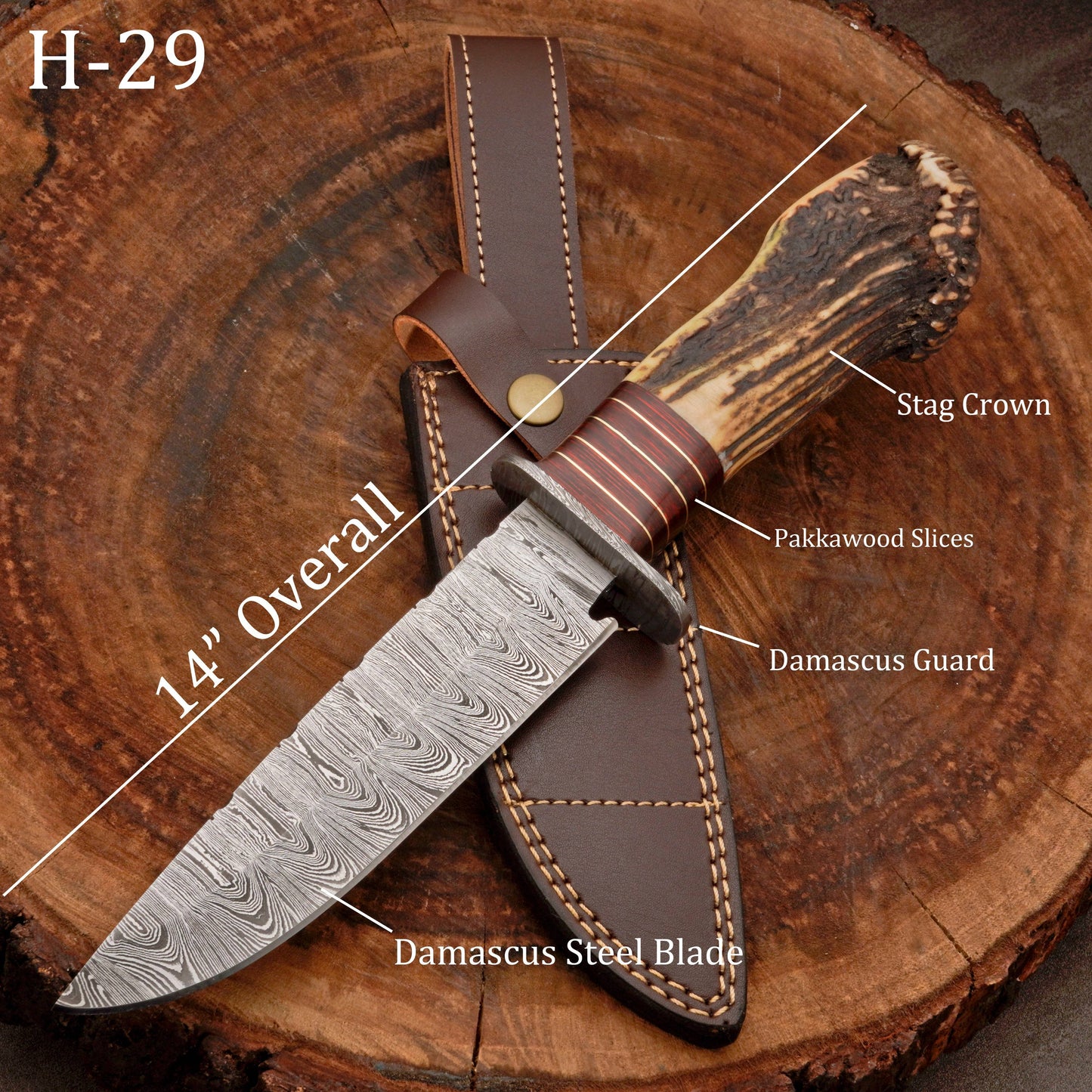 Custom Hand Forged Damascus Steel Hunting Knife EDC - Brass Guard & Stag Handle