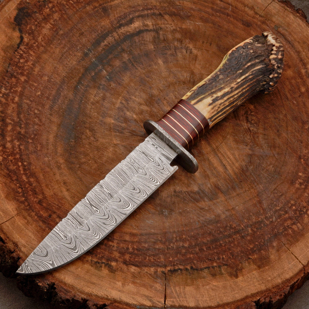 Custom Hand Forged Damascus Steel Hunting Knife EDC - Brass Guard & Stag Handle