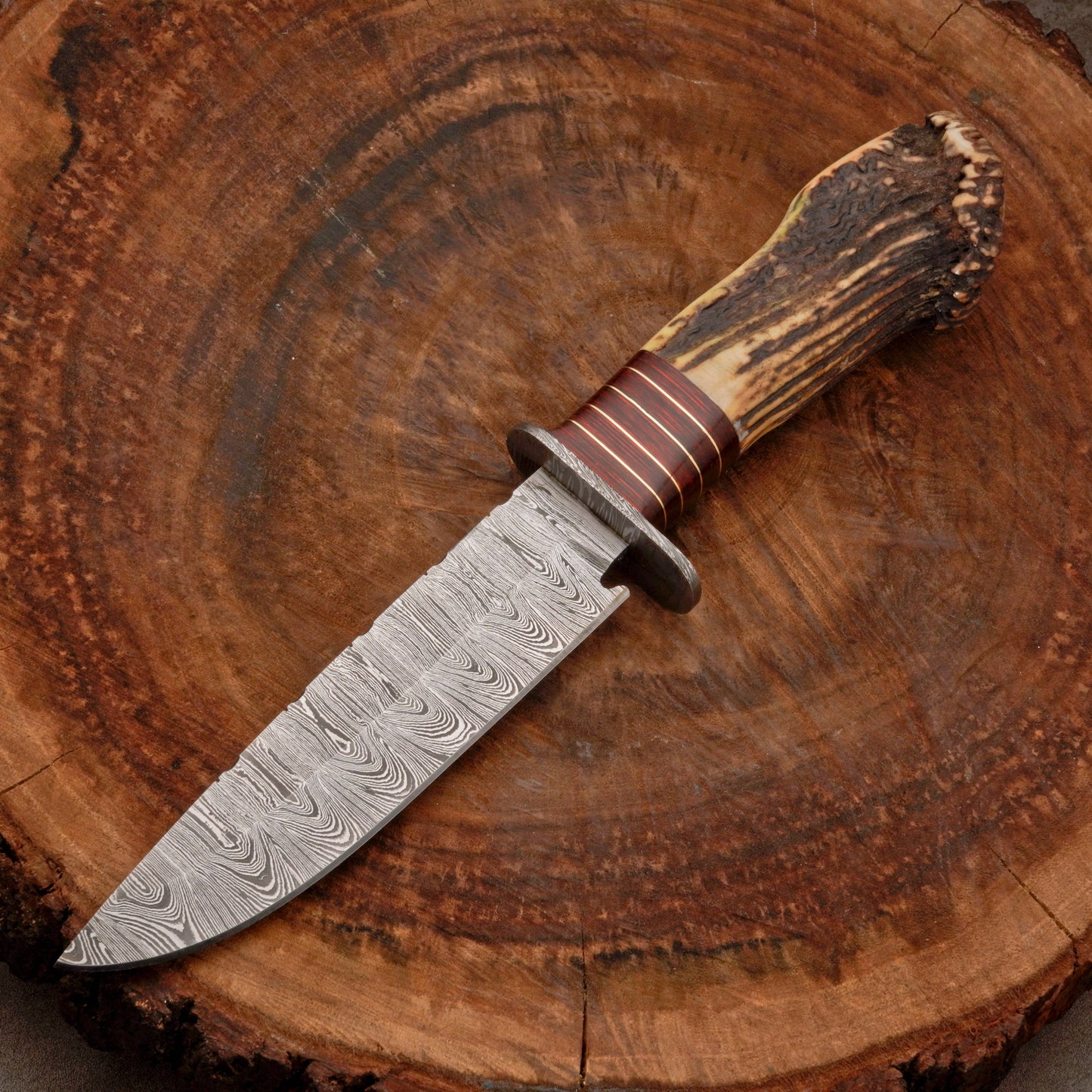 Custom Hand Forged Damascus Steel Hunting Knife EDC - Brass Guard & Stag Handle