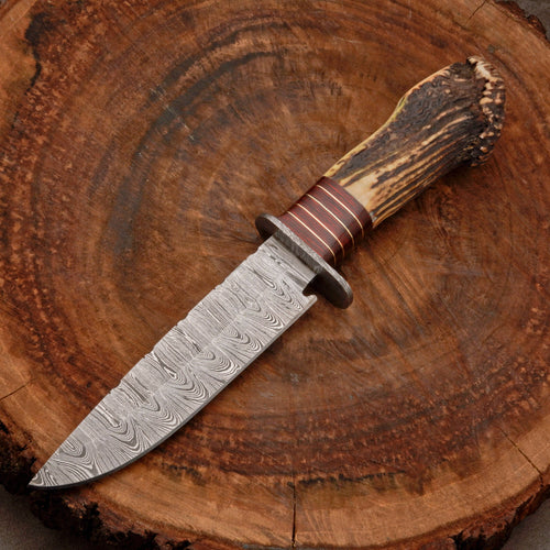 Custom Hand Forged Damascus Steel Hunting Knife EDC - Brass Guard & Stag Handle