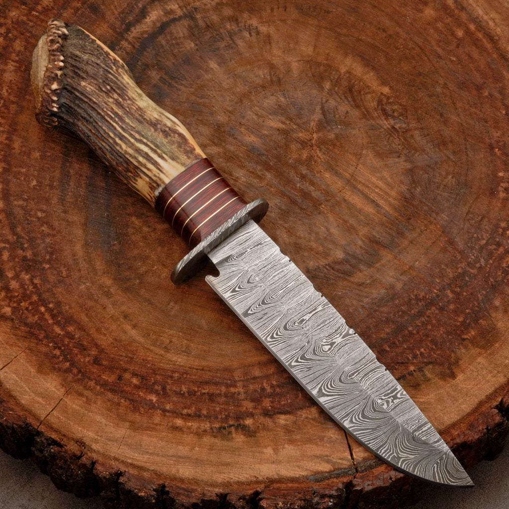 Custom Hand Forged Damascus Steel Hunting Knife EDC - Brass Guard & Stag Handle
