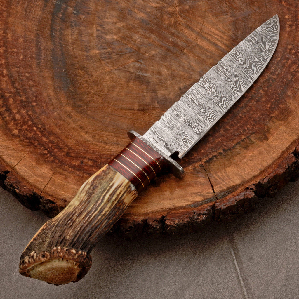 Custom Hand Forged Damascus Steel Hunting Knife EDC - Brass Guard & Stag Handle