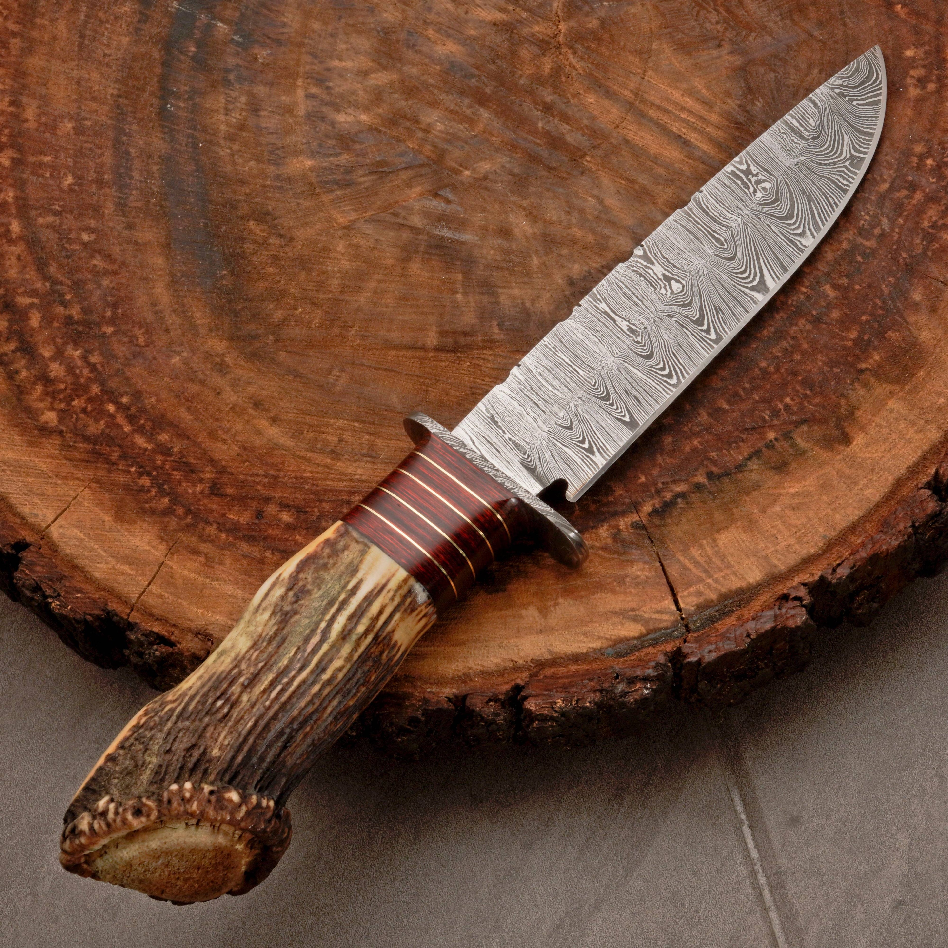 Custom Hand Forged Damascus Steel Hunting Knife EDC - Brass Guard & Stag Handle