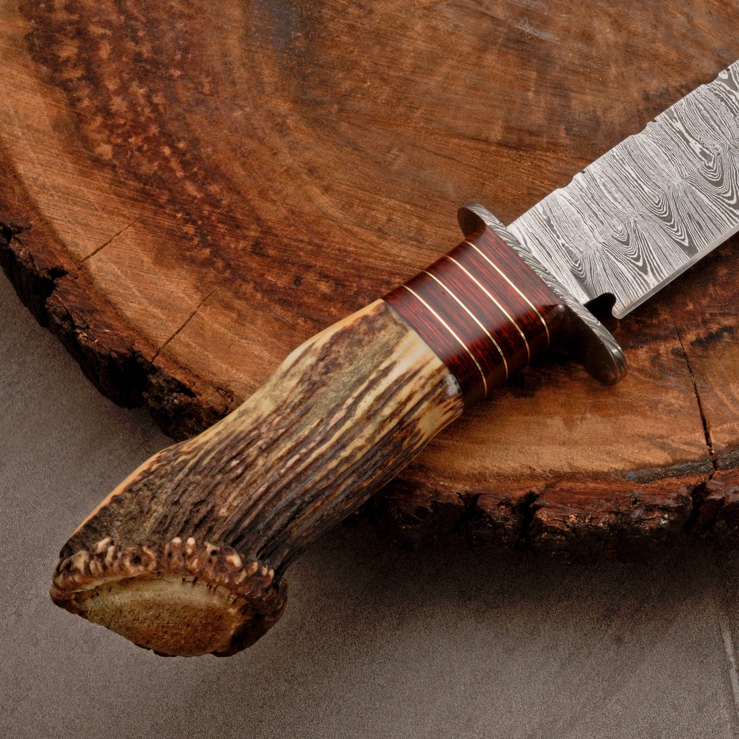 Custom Hand Forged Damascus Steel Hunting Knife EDC - Brass Guard & Stag Handle