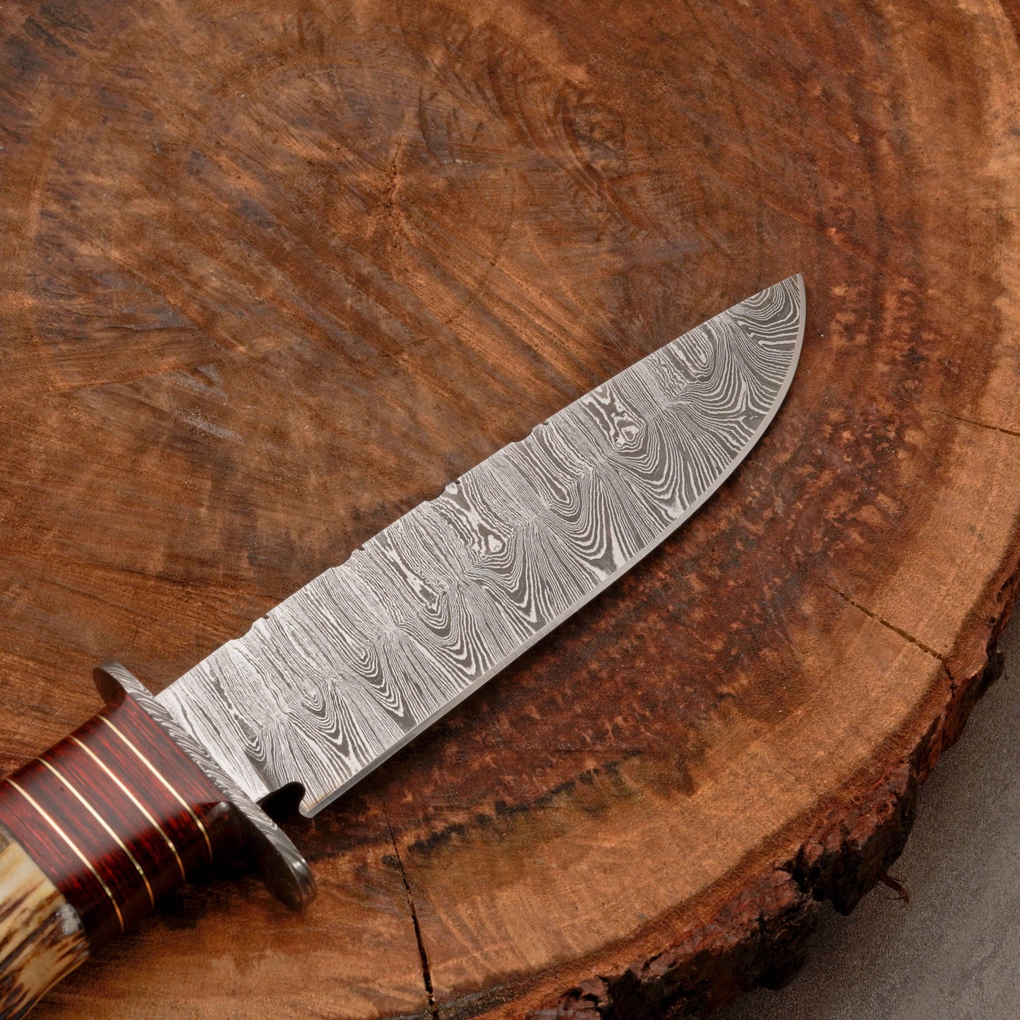 Custom Hand Forged Damascus Steel Hunting Knife EDC - Brass Guard & Stag Handle