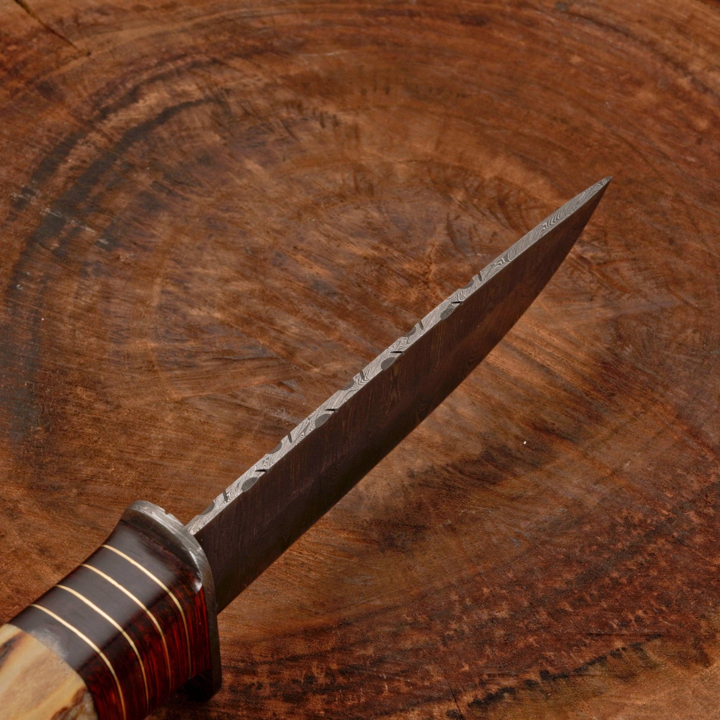 Custom Hand Forged Damascus Steel Hunting Knife EDC - Brass Guard & Stag Handle