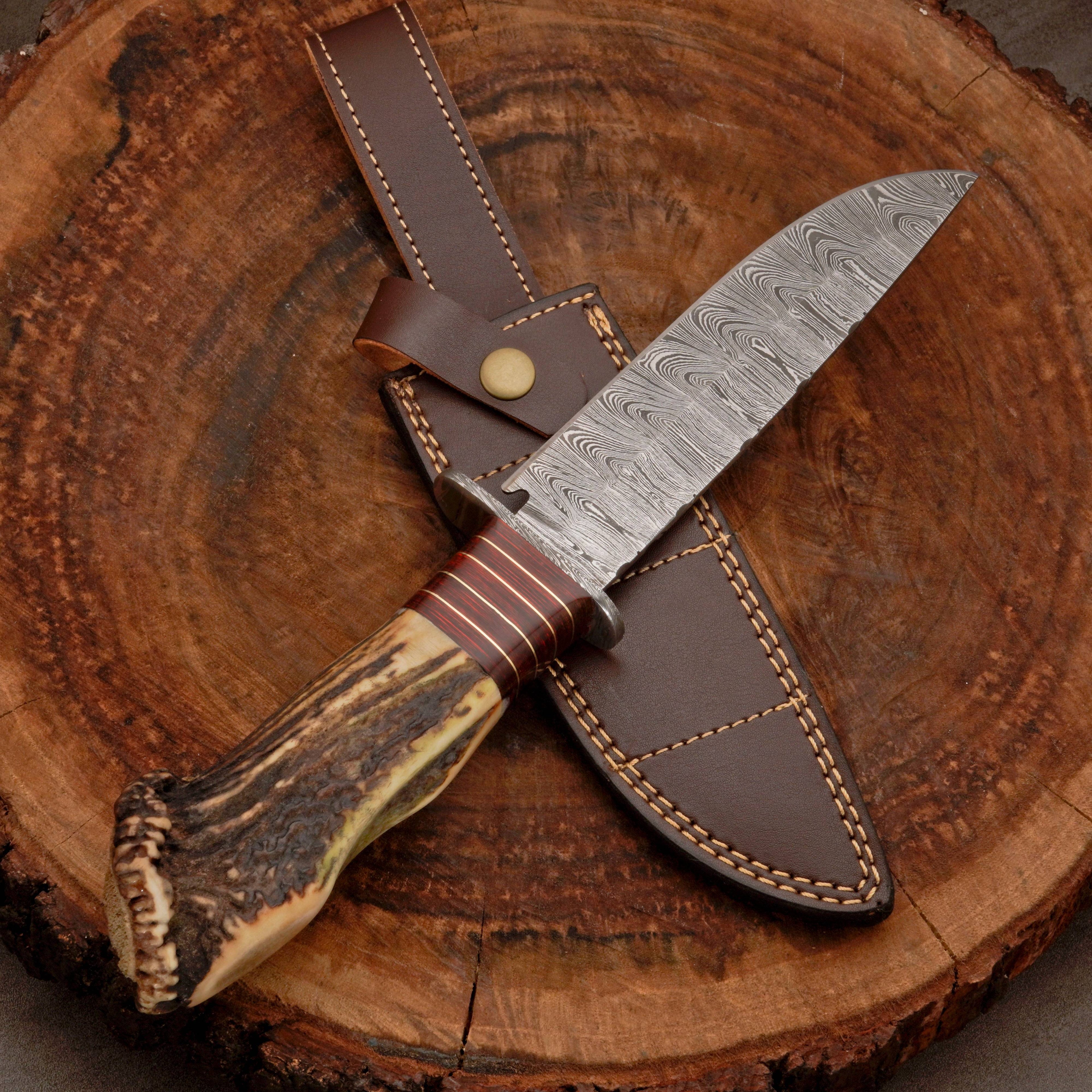 Custom Hand Forged Damascus Steel Hunting Knife EDC - Brass Guard & Stag Handle