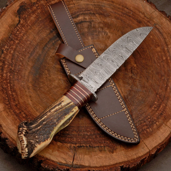Custom Hand Forged Damascus Steel Hunting Knife EDC - Brass Guard & Stag Handle