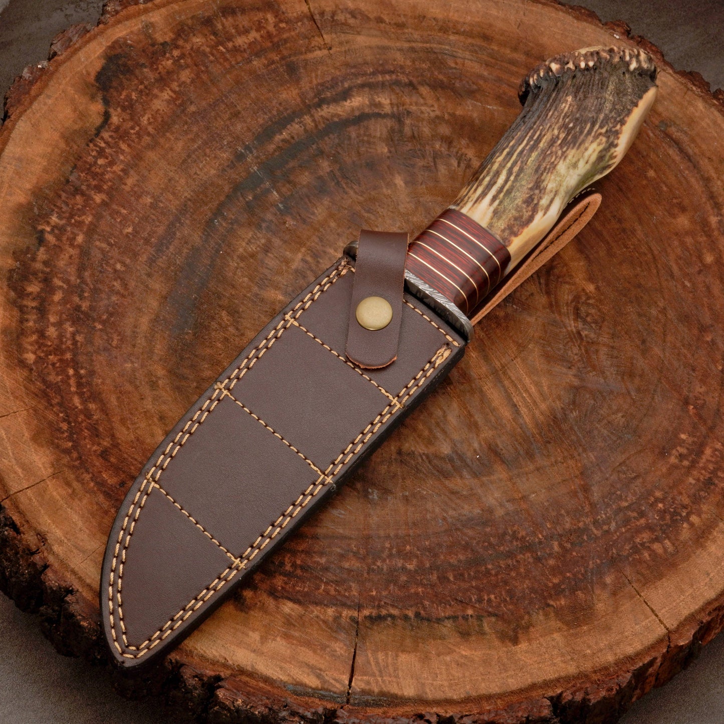 Custom Hand Forged Damascus Steel Hunting Knife EDC - Brass Guard & Stag Handle
