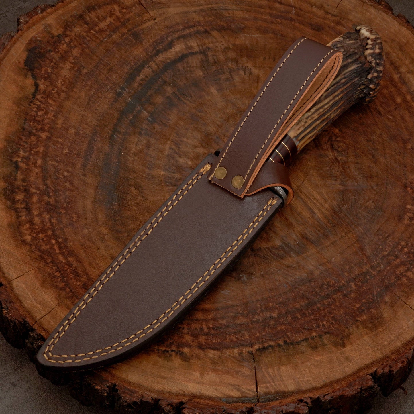 Custom Hand Forged Damascus Steel Hunting Knife EDC - Brass Guard & Stag Handle