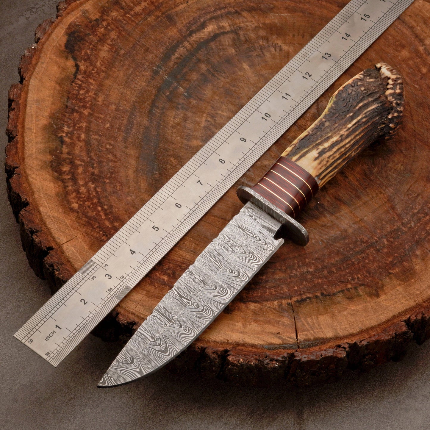 Custom Hand Forged Damascus Steel Hunting Knife EDC - Brass Guard & Stag Handle