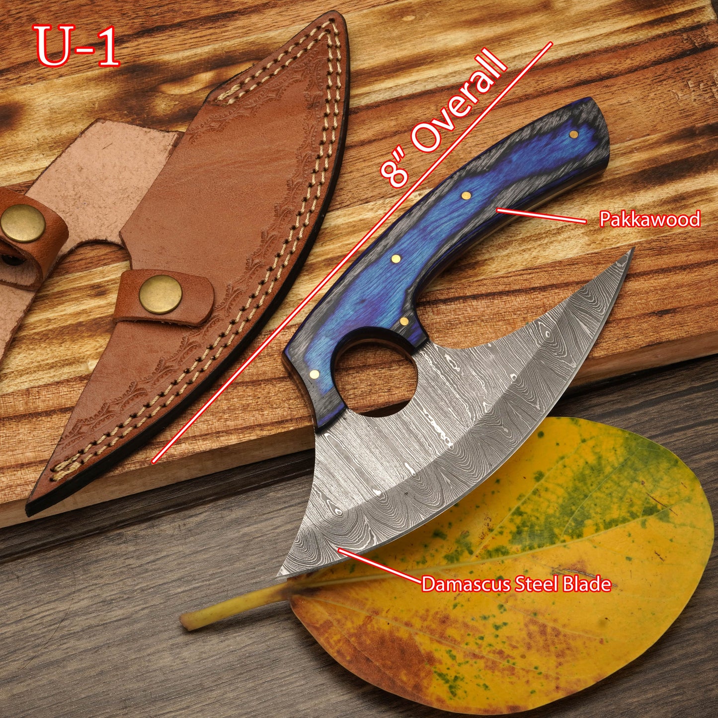 Handmade Forged Damascus Steel Ulu Knife - Stag Antler & Pakkawood Handle