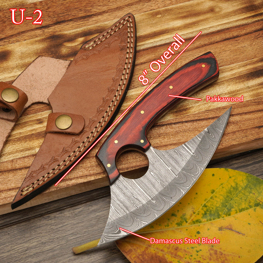 8” Damascus Ulu Knife - Stag Antler & Pakkawood Handle - Alaskan knife