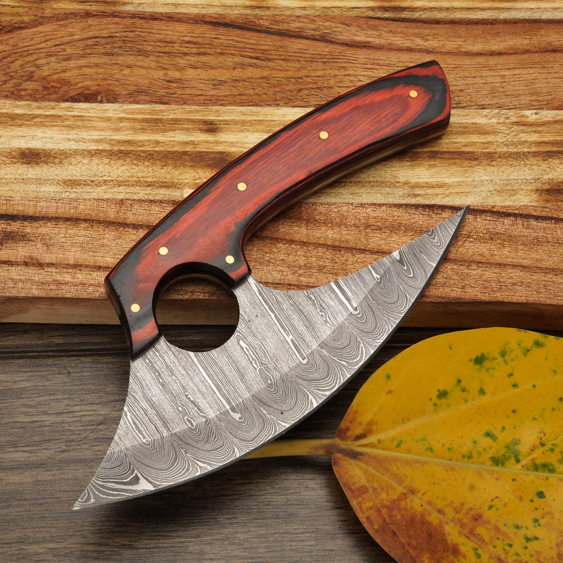 8” Damascus Ulu Knife - Stag Antler & Pakkawood Handle - Alaskan knife