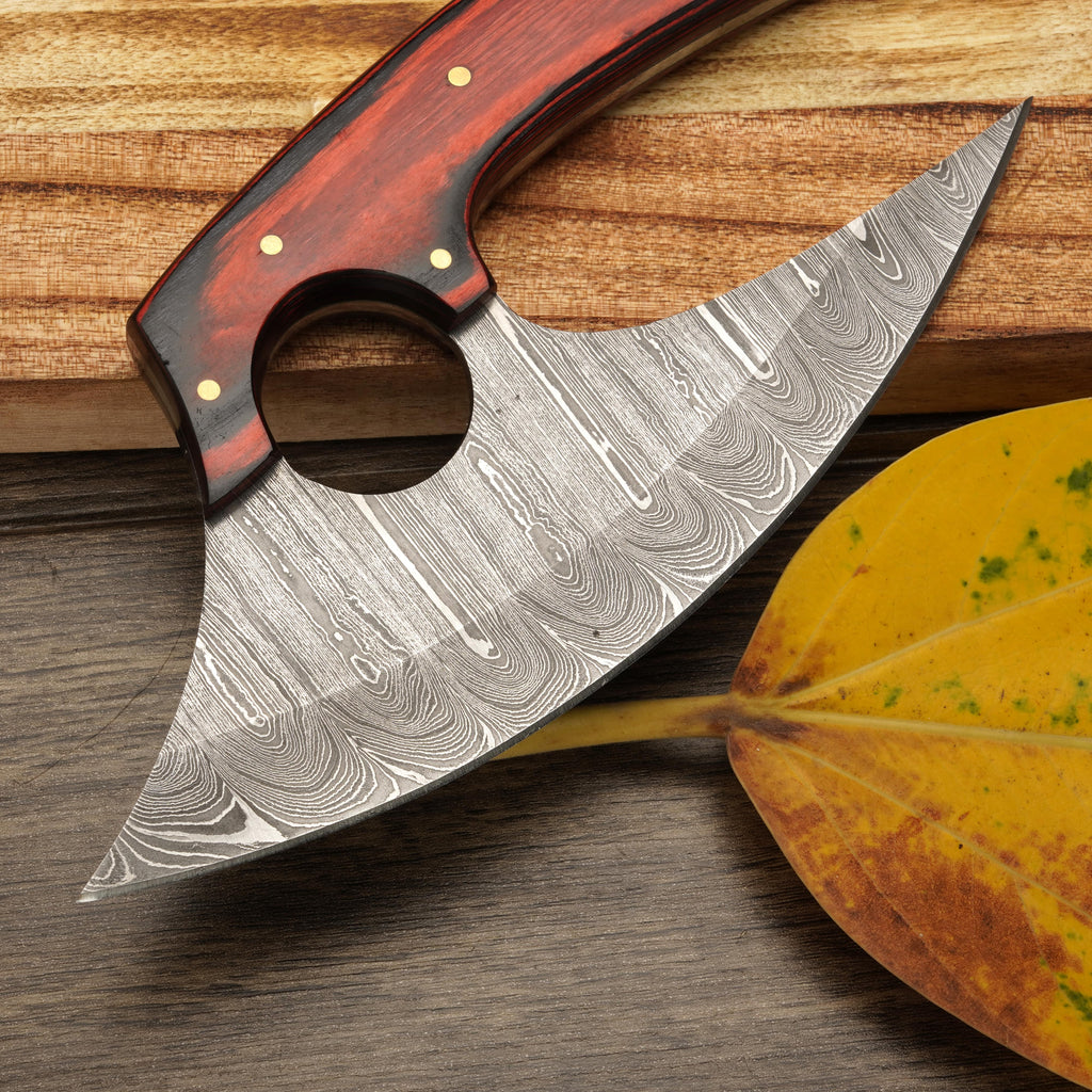 8” Damascus Ulu Knife - Stag Antler & Pakkawood Handle - Alaskan knife