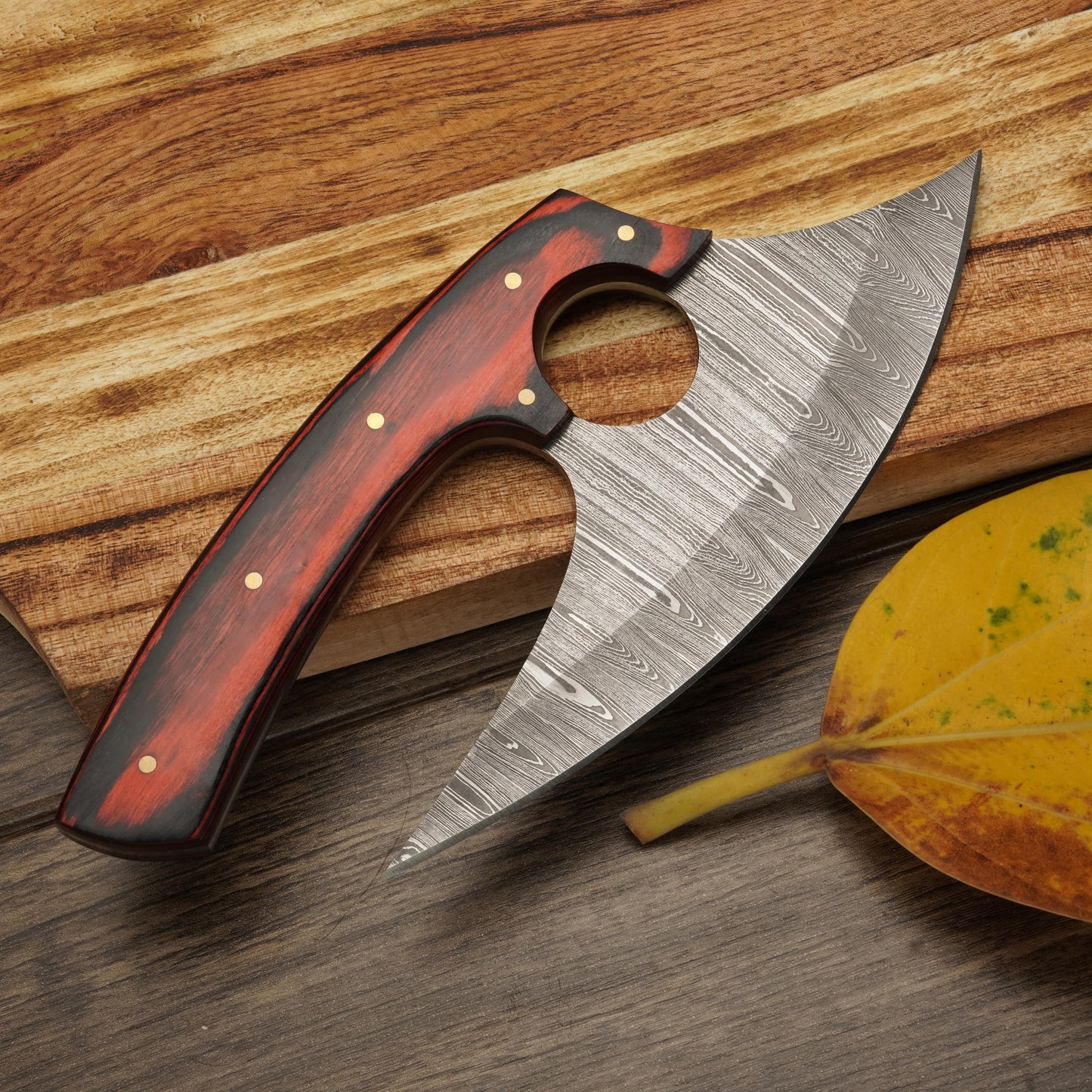 8” Damascus Ulu Knife - Stag Antler & Pakkawood Handle - Alaskan knife