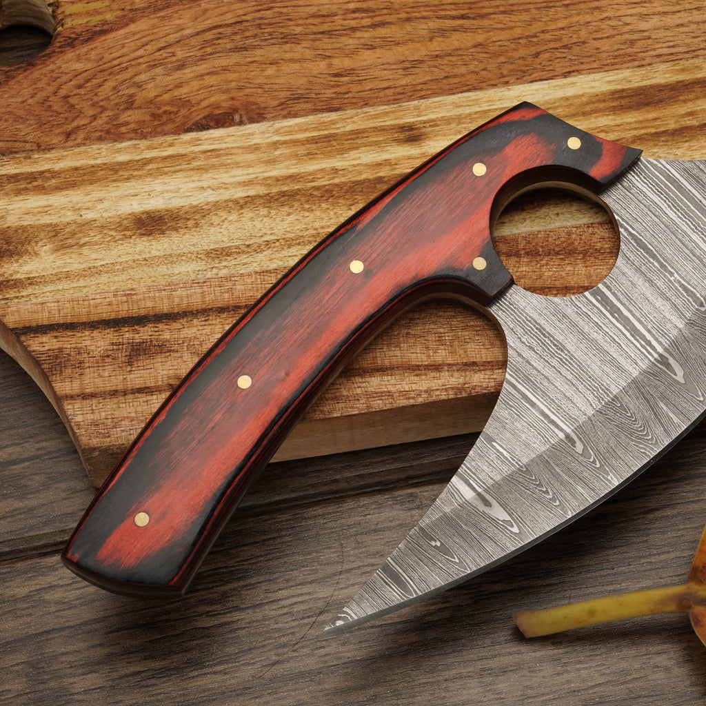 8” Damascus Ulu Knife - Stag Antler & Pakkawood Handle - Alaskan knife